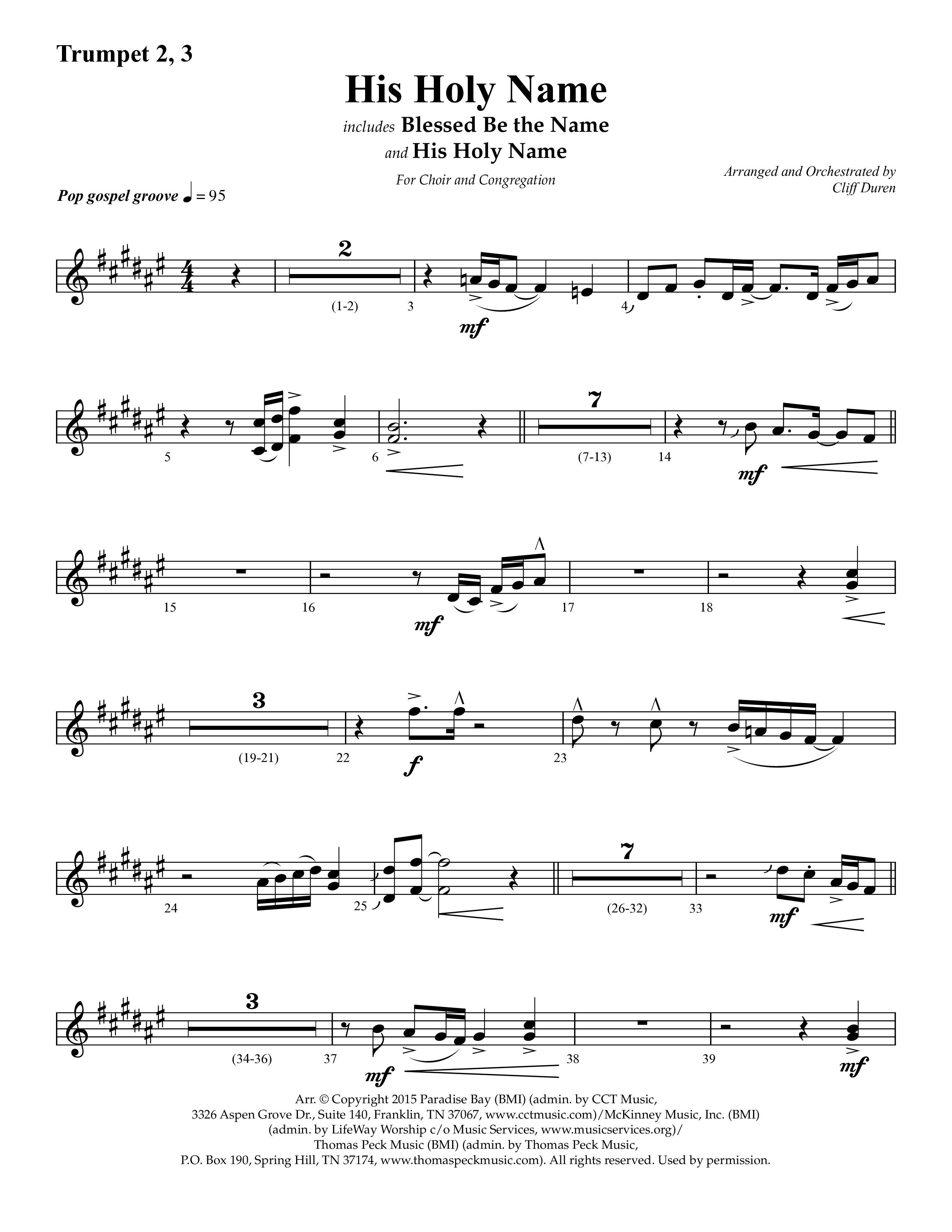 His Holy Name (with Blessed Be The Name) (Choral Anthem SATB) Trumpet 2/3 (Lifeway Choral / Arr. Cliff Duren)