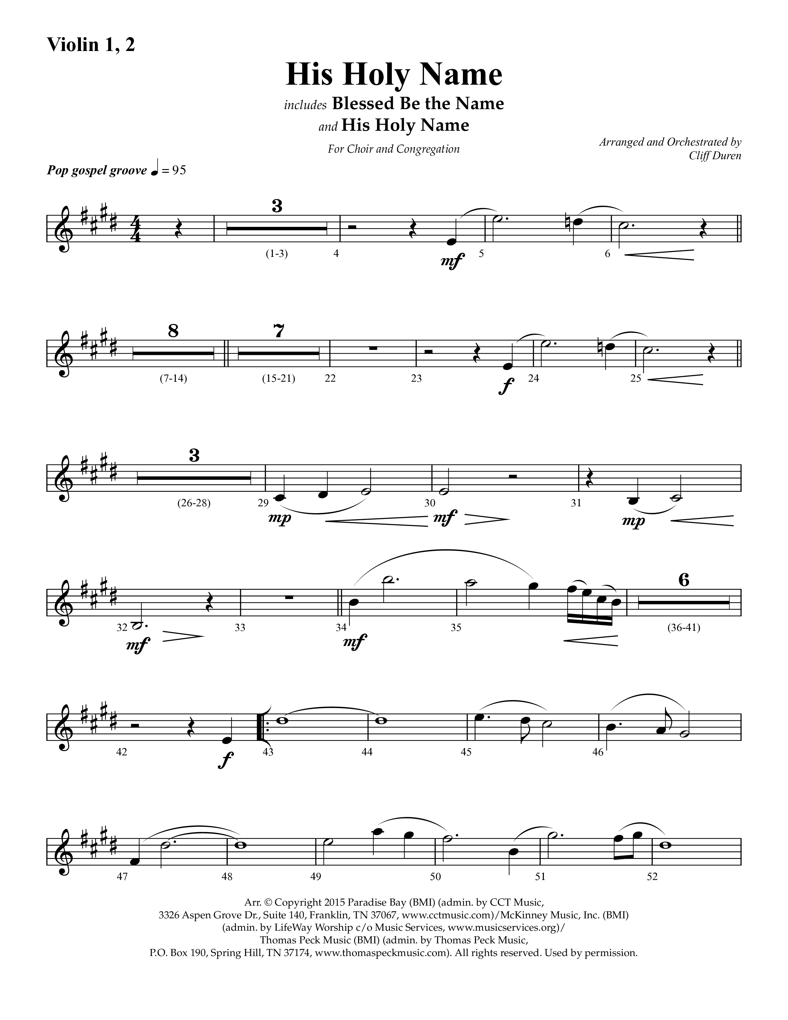His Holy Name (with Blessed Be The Name) (Choral Anthem SATB) Violin 1/2 (Lifeway Choral / Arr. Cliff Duren)