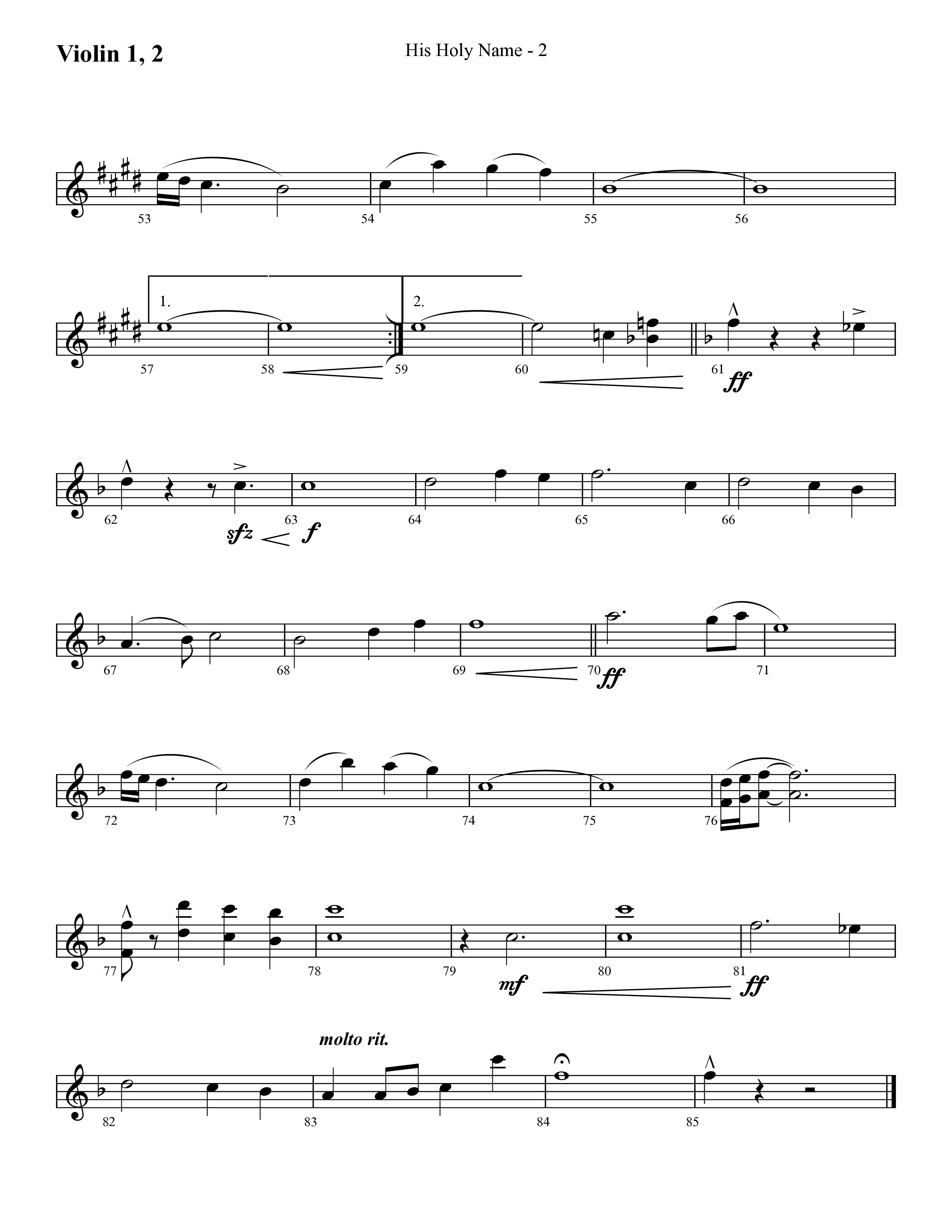 His Holy Name (with Blessed Be The Name) (Choral Anthem SATB) Violin 1/2 (Lifeway Choral / Arr. Cliff Duren)