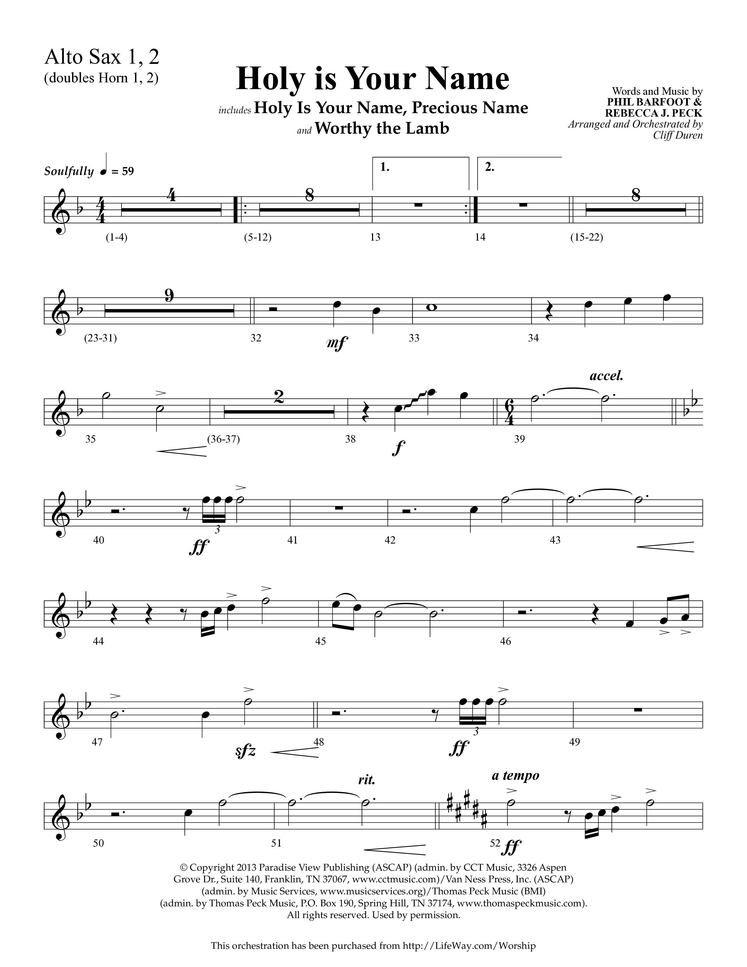 Holy Is Your Name (with Precious Name, Worthy The Lamb) (Choral Anthem SATB) Alto Sax 1/2 (Lifeway Choral / Arr. Cliff Duren)