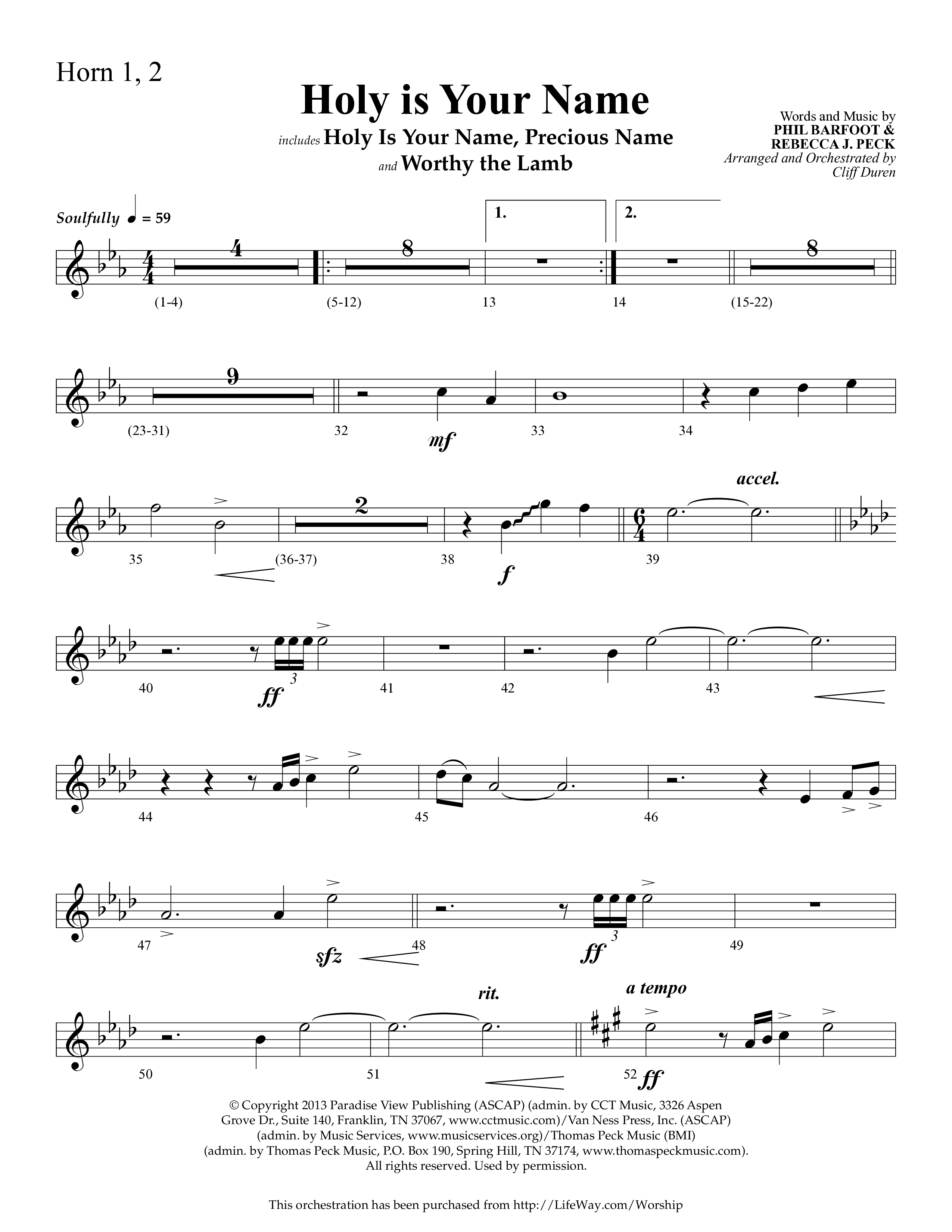 Holy Is Your Name (with Precious Name, Worthy The Lamb) (Choral Anthem SATB) French Horn 1/2 (Lifeway Choral / Arr. Cliff Duren)