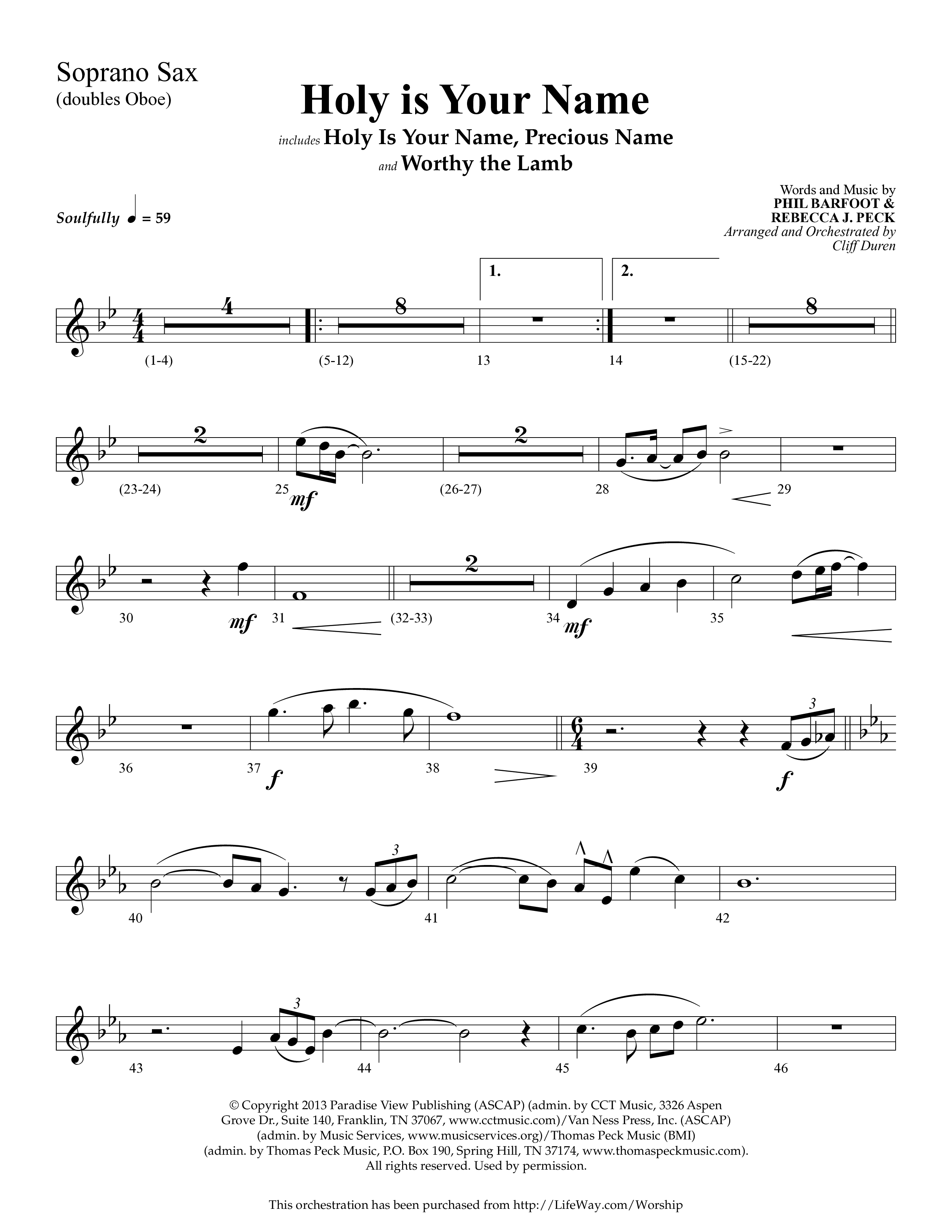 Holy Is Your Name (with Precious Name, Worthy The Lamb) (Choral Anthem SATB) Soprano Sax (Lifeway Choral / Arr. Cliff Duren)