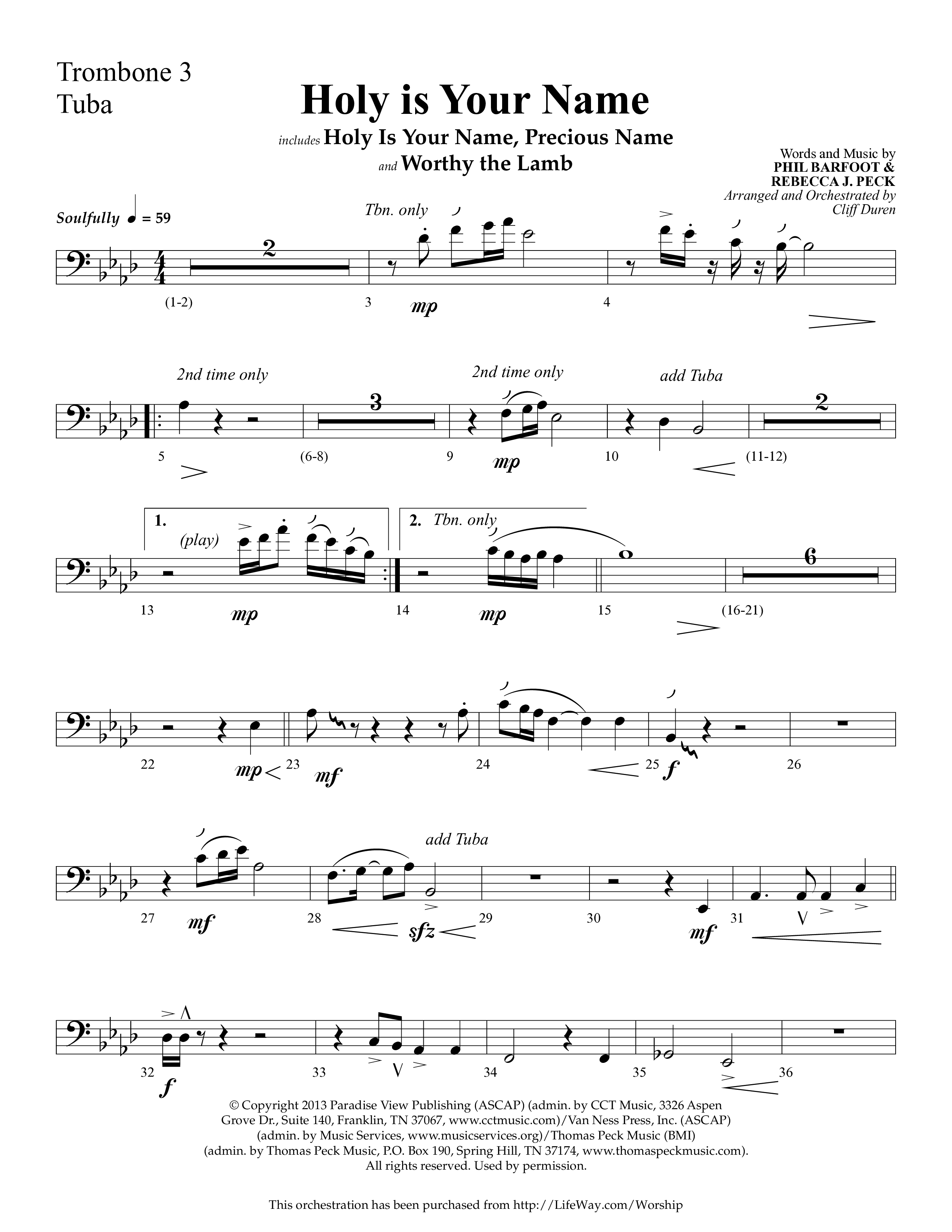 Holy Is Your Name (with Precious Name, Worthy The Lamb) (Choral Anthem SATB) Trombone 3/Tuba (Lifeway Choral / Arr. Cliff Duren)