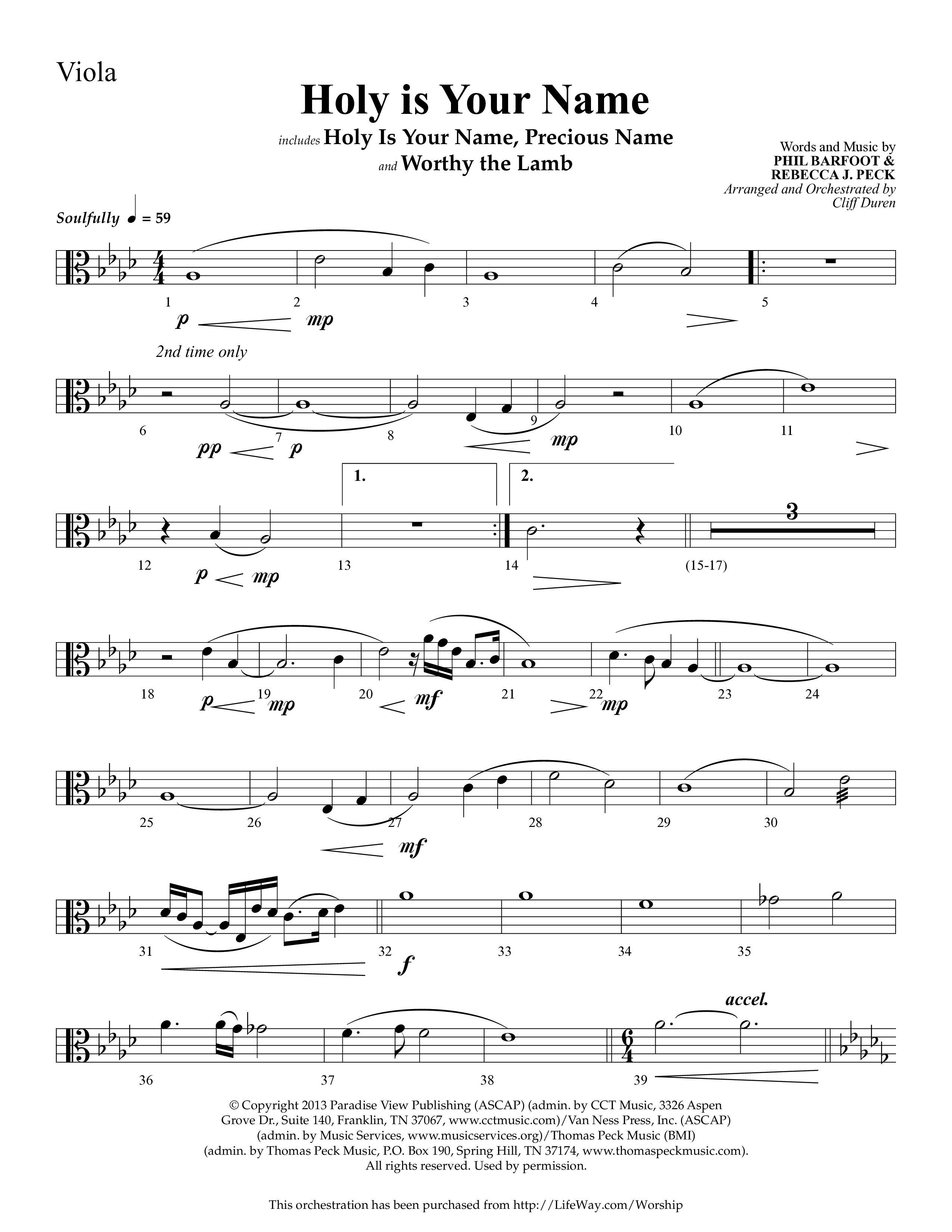 Holy Is Your Name (with Precious Name, Worthy The Lamb) (Choral Anthem SATB) Viola (Lifeway Choral / Arr. Cliff Duren)