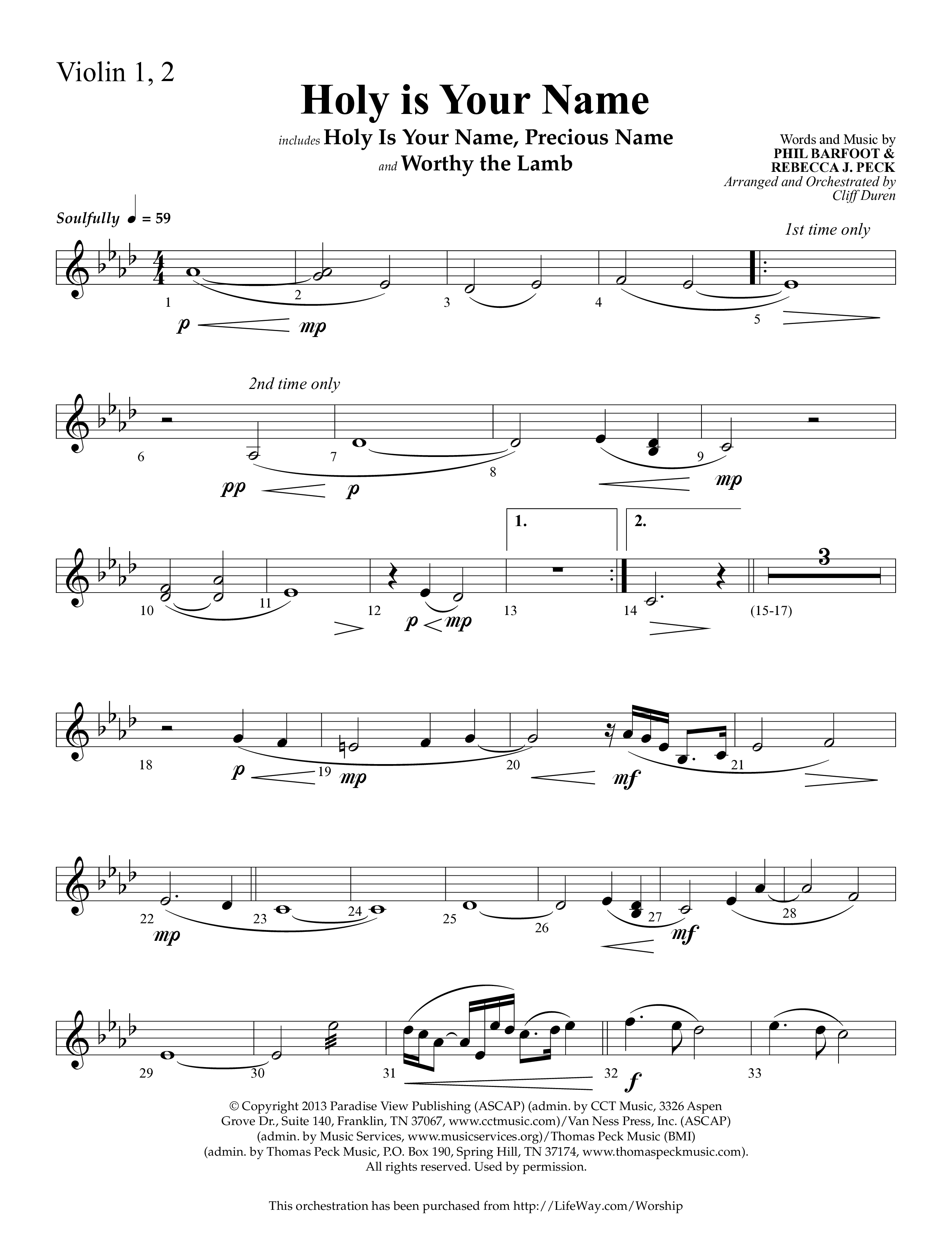 Holy Is Your Name (with Precious Name, Worthy The Lamb) (Choral Anthem SATB) Violin 1/2 (Lifeway Choral / Arr. Cliff Duren)