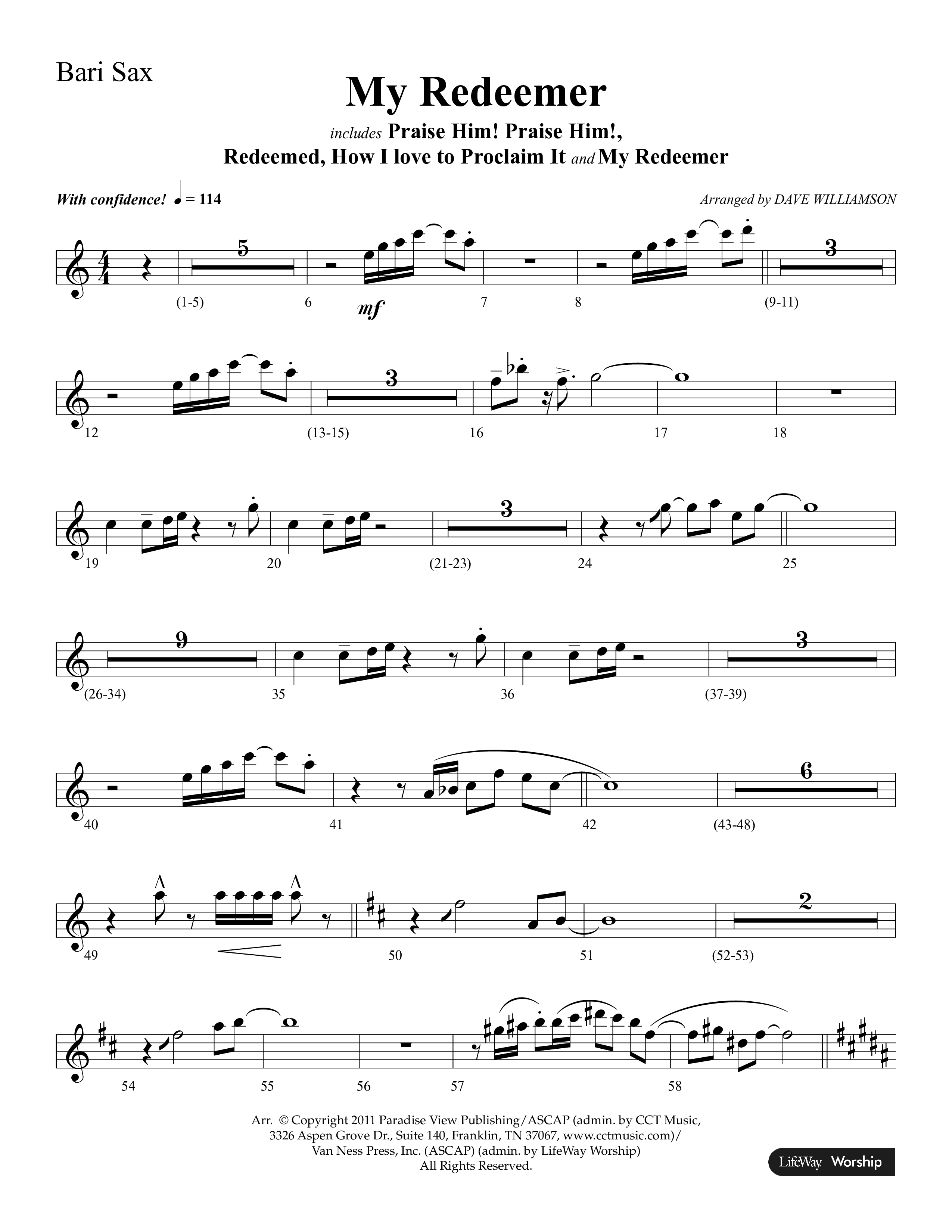 My Redeemer (with Praise Him Praise Him, My Redeemer, Redeemed How I Love To Proclaim It) (Choral Anthem SATB) Bari Sax (Lifeway Choral / Arr. Dave Williamson)