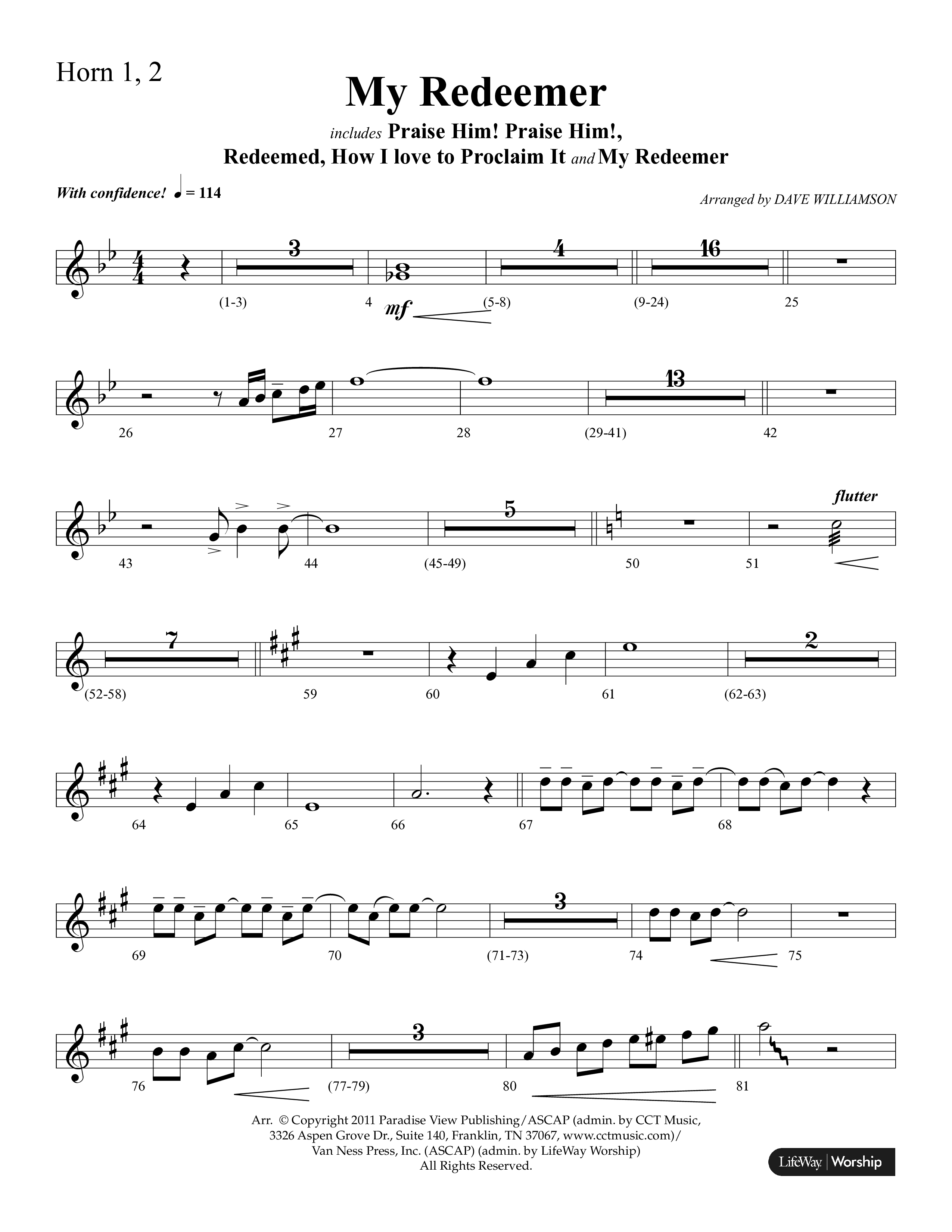 My Redeemer (with Praise Him Praise Him, My Redeemer, Redeemed How I Love To Proclaim It) (Choral Anthem SATB) French Horn 1/2 (Lifeway Choral / Arr. Dave Williamson)