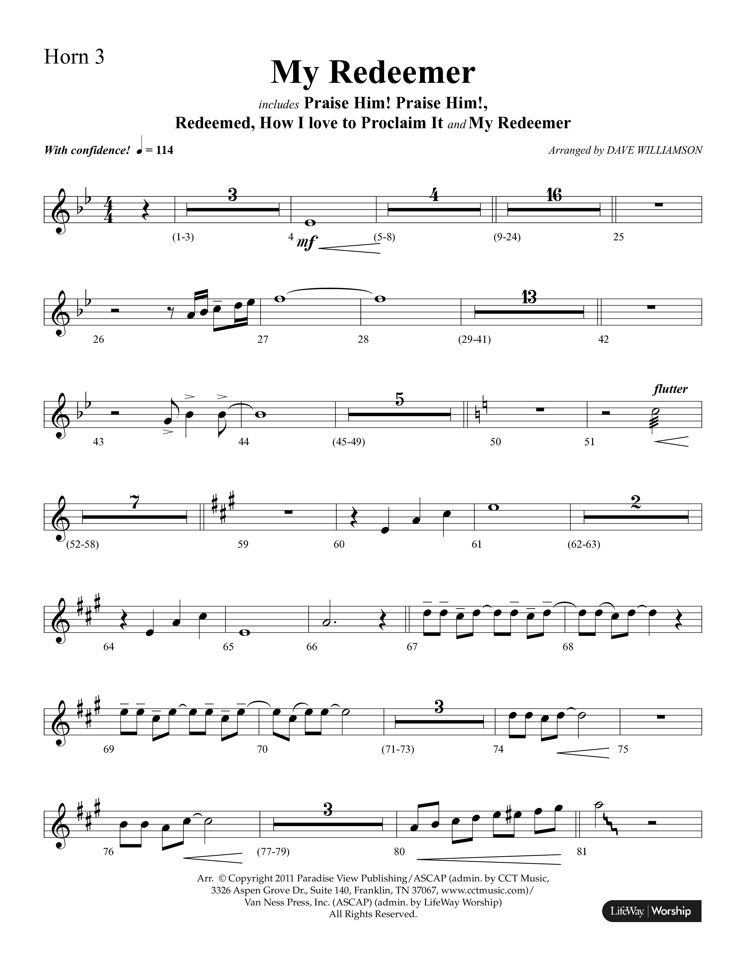 My Redeemer (with Praise Him Praise Him, My Redeemer, Redeemed How I Love To Proclaim It) (Choral Anthem SATB) French Horn 3 (Lifeway Choral / Arr. Dave Williamson)