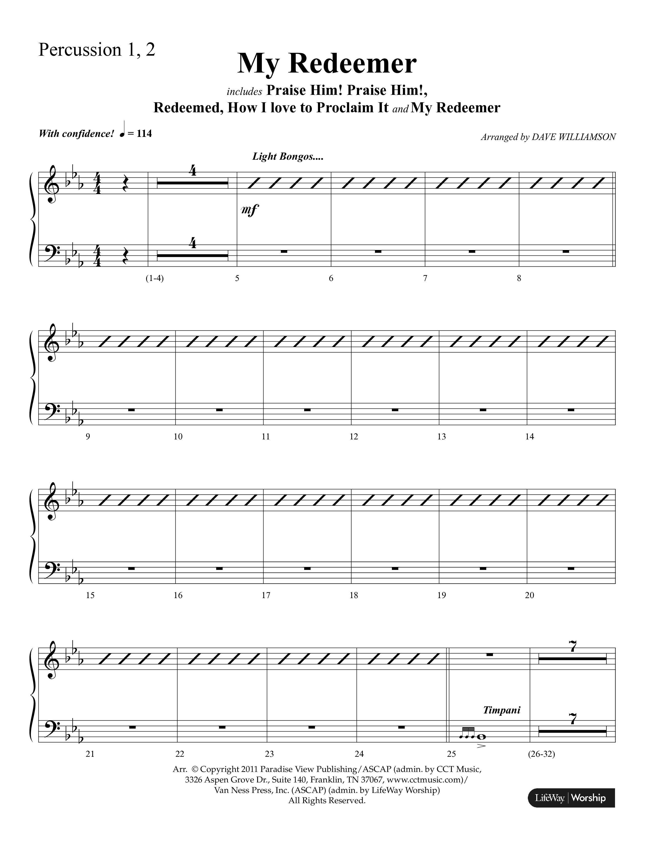 My Redeemer (with Praise Him Praise Him, My Redeemer, Redeemed How I Love To Proclaim It) (Choral Anthem SATB) Percussion 1/2 (Lifeway Choral / Arr. Dave Williamson)