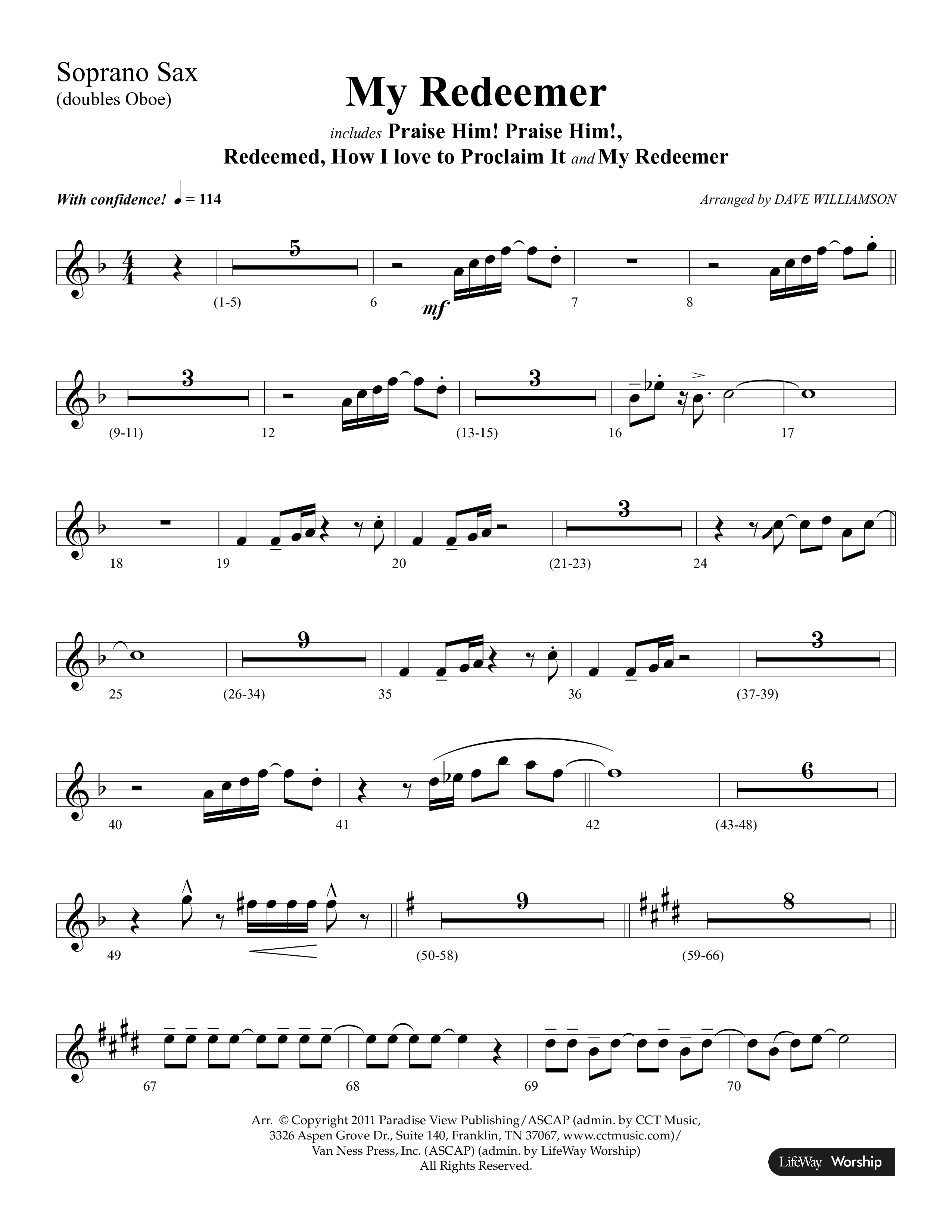 My Redeemer (with Praise Him Praise Him, My Redeemer, Redeemed How I Love To Proclaim It) (Choral Anthem SATB) Soprano Sax (Lifeway Choral / Arr. Dave Williamson)