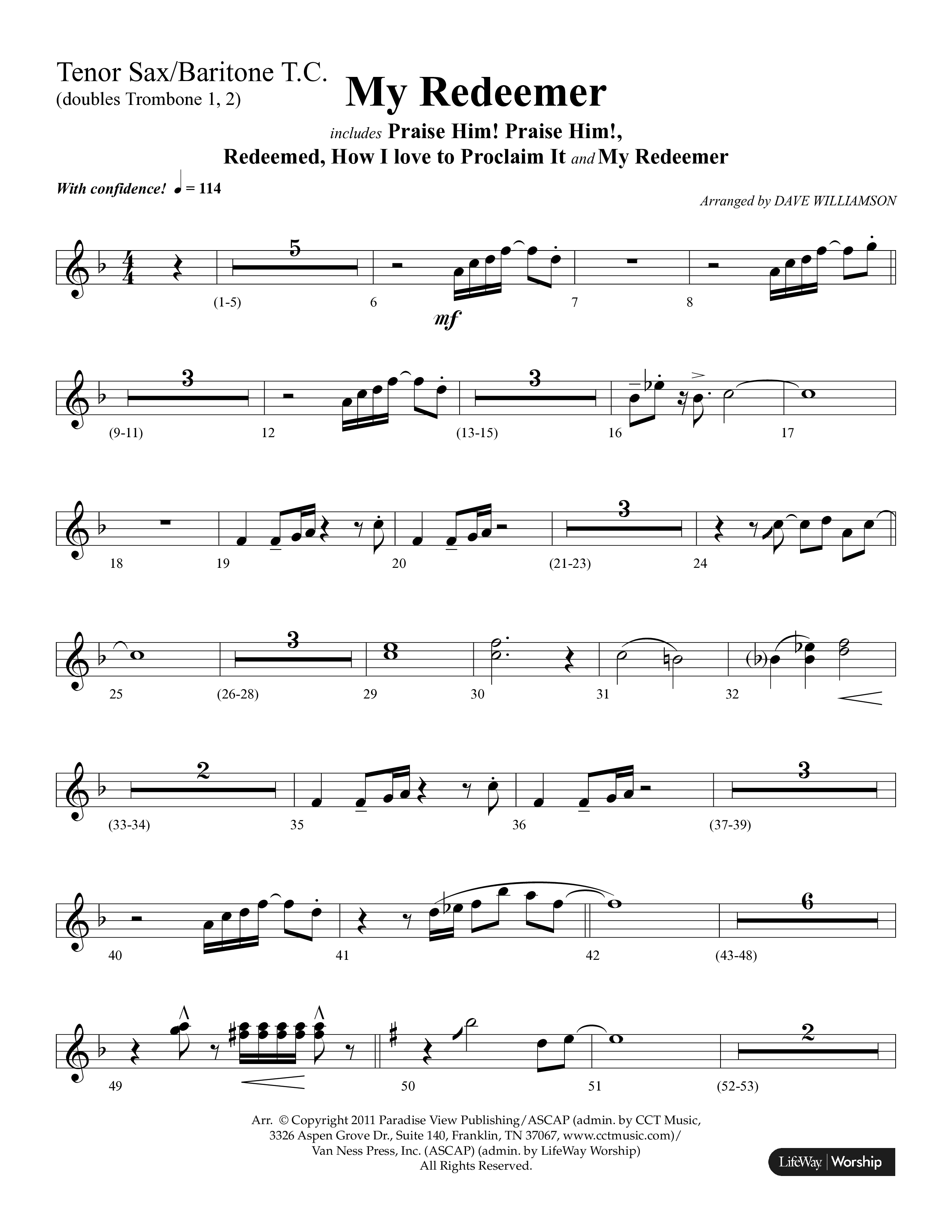 My Redeemer (with Praise Him Praise Him, My Redeemer, Redeemed How I Love To Proclaim It) (Choral Anthem SATB) Tenor Sax/Baritone T.C. (Lifeway Choral / Arr. Dave Williamson)