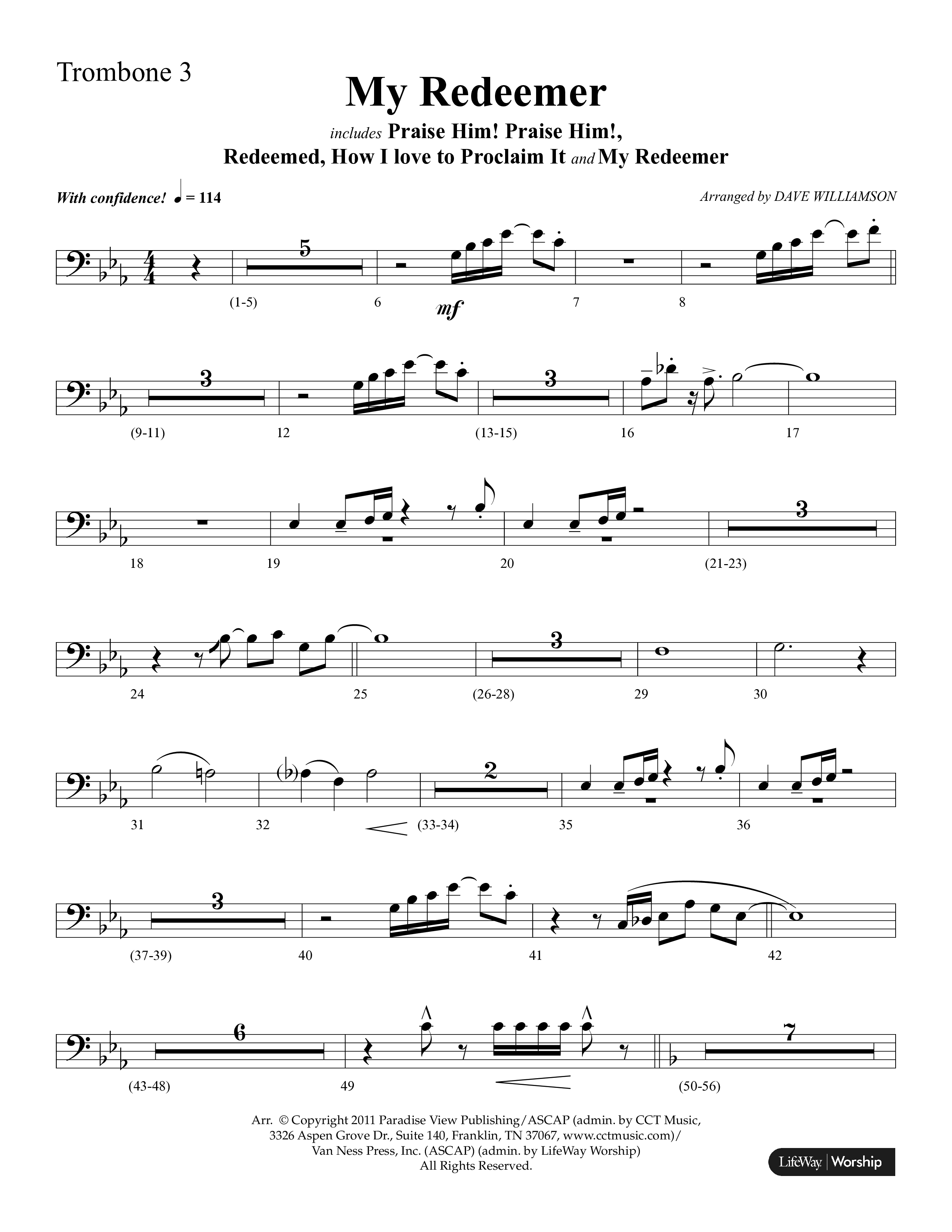 My Redeemer (with Praise Him Praise Him, My Redeemer, Redeemed How I Love To Proclaim It) (Choral Anthem SATB) Trombone 3 (Lifeway Choral / Arr. Dave Williamson)