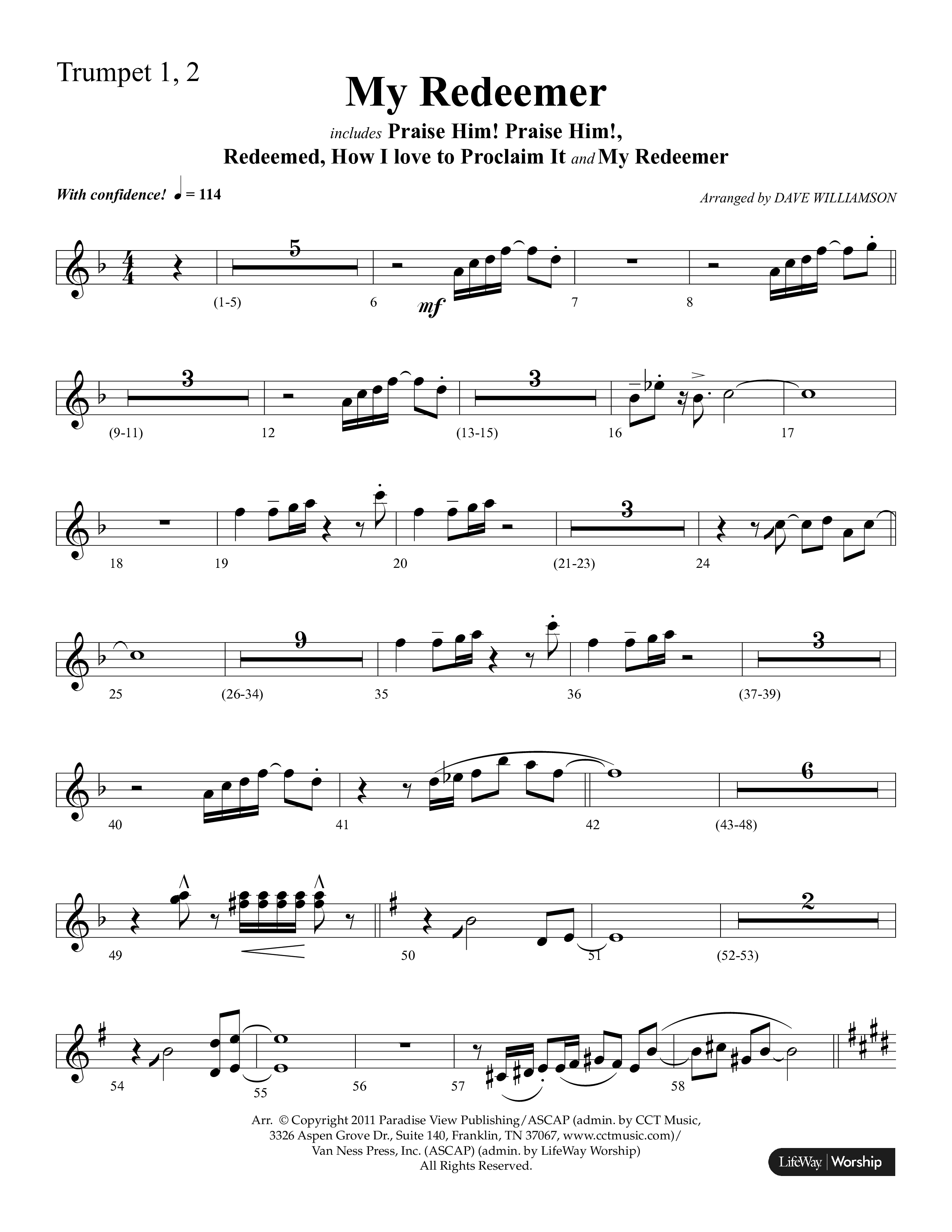 My Redeemer (with Praise Him Praise Him, My Redeemer, Redeemed How I Love To Proclaim It) (Choral Anthem SATB) Trumpet 1,2 (Lifeway Choral / Arr. Dave Williamson)