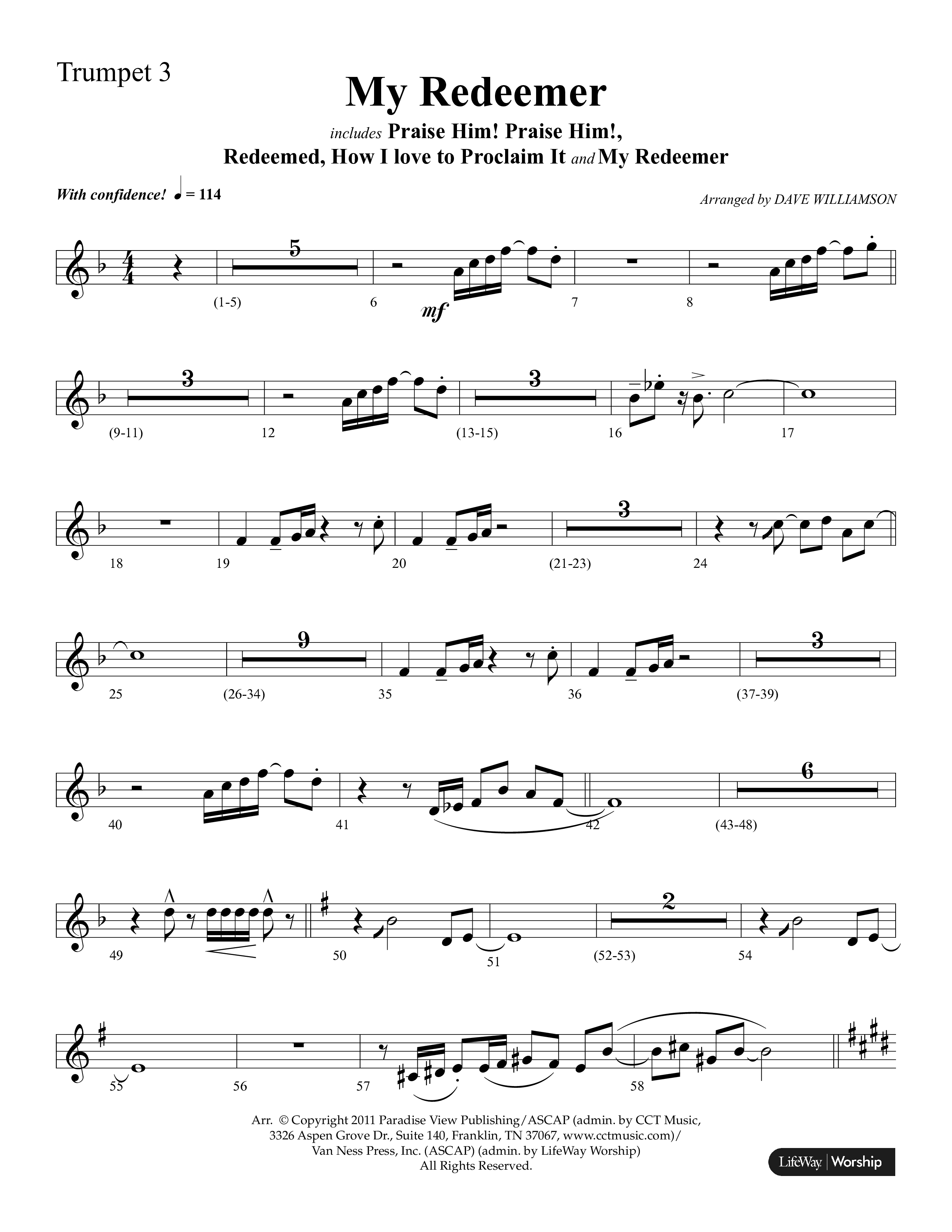 My Redeemer (with Praise Him Praise Him, My Redeemer, Redeemed How I Love To Proclaim It) (Choral Anthem SATB) Trumpet 3 (Lifeway Choral / Arr. Dave Williamson)