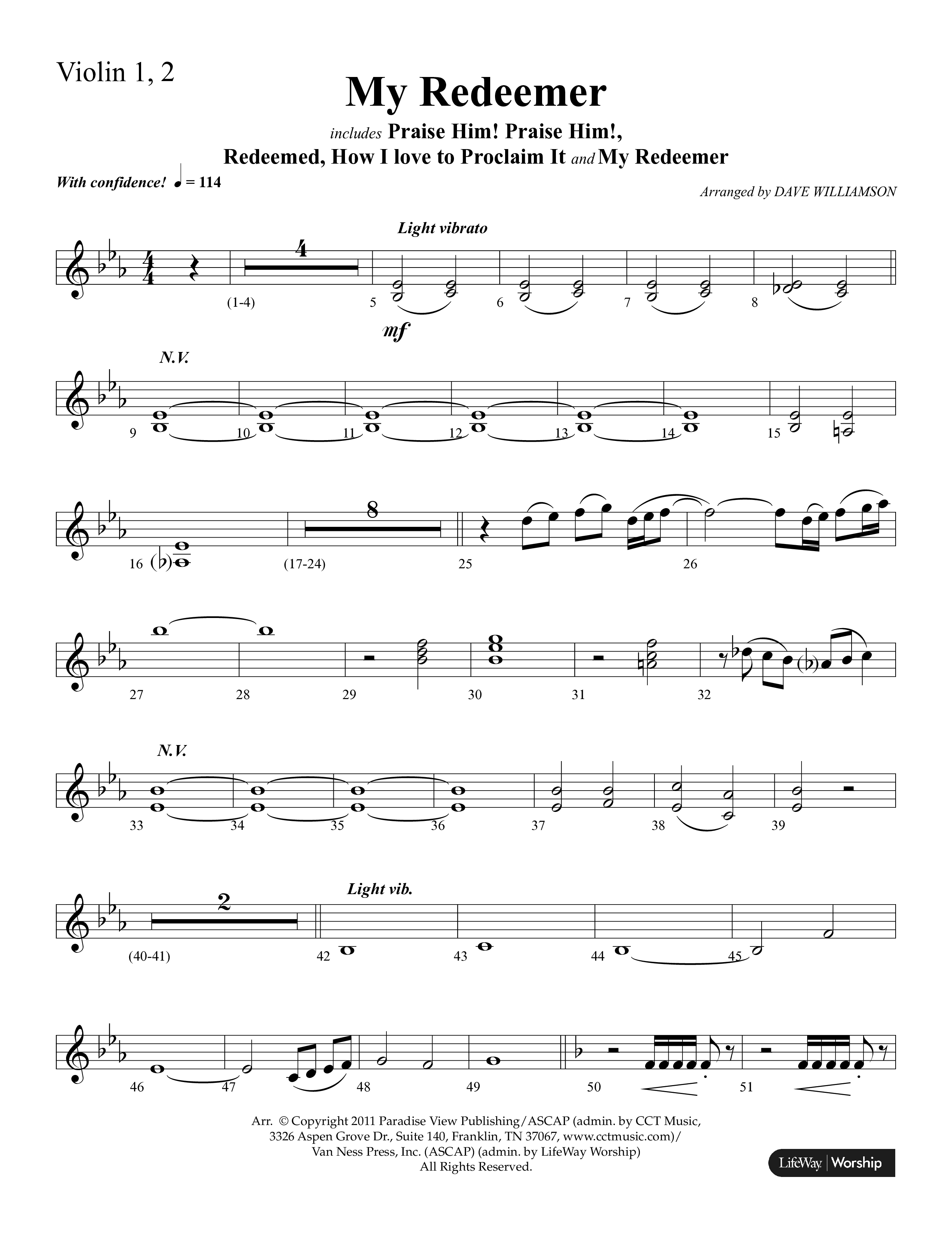 My Redeemer (with Praise Him Praise Him, My Redeemer, Redeemed How I Love To Proclaim It) (Choral Anthem SATB) Violin 1/2 (Lifeway Choral / Arr. Dave Williamson)