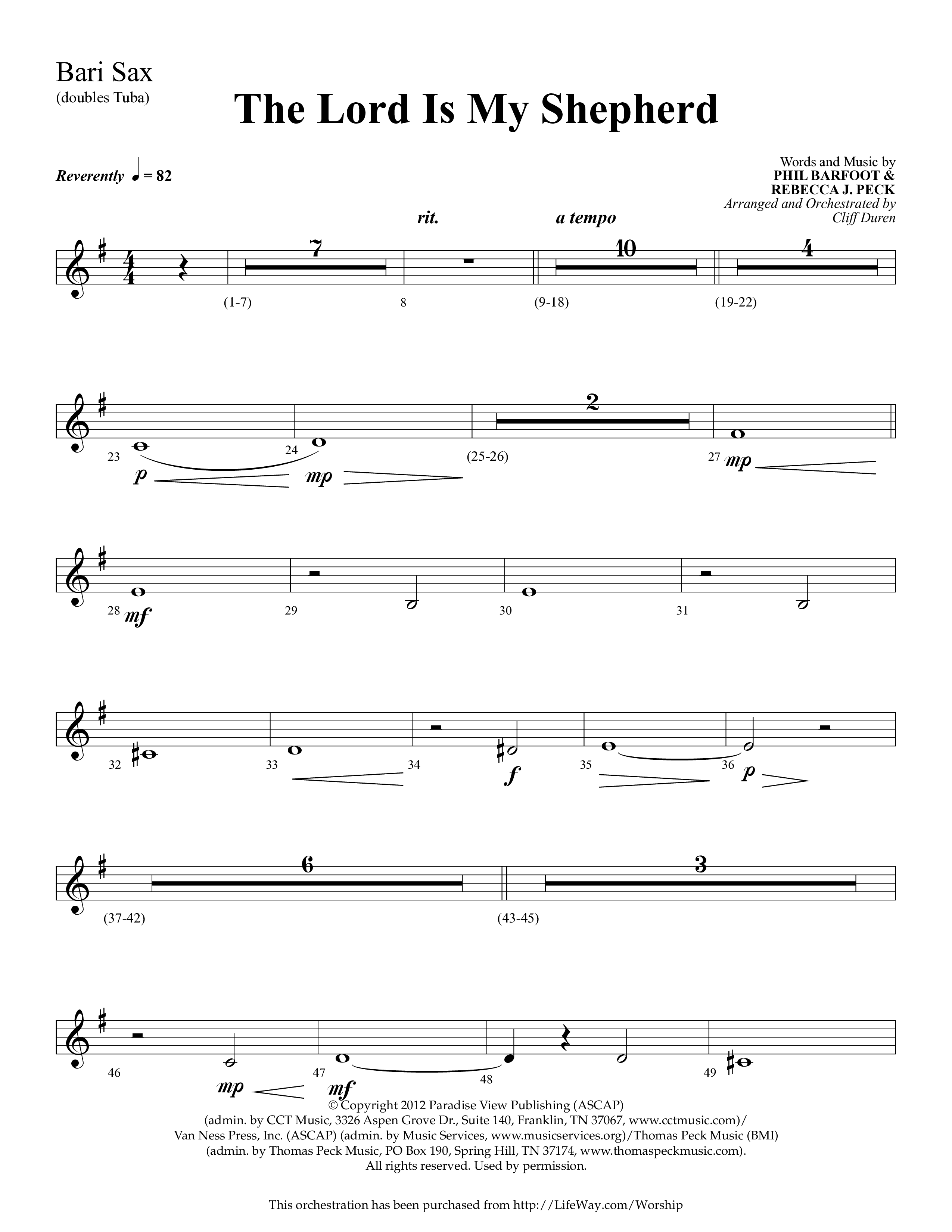 The Lord Is My Shepherd (Choral Anthem SATB) Bari Sax (Lifeway Choral / Arr. Cliff Duren)