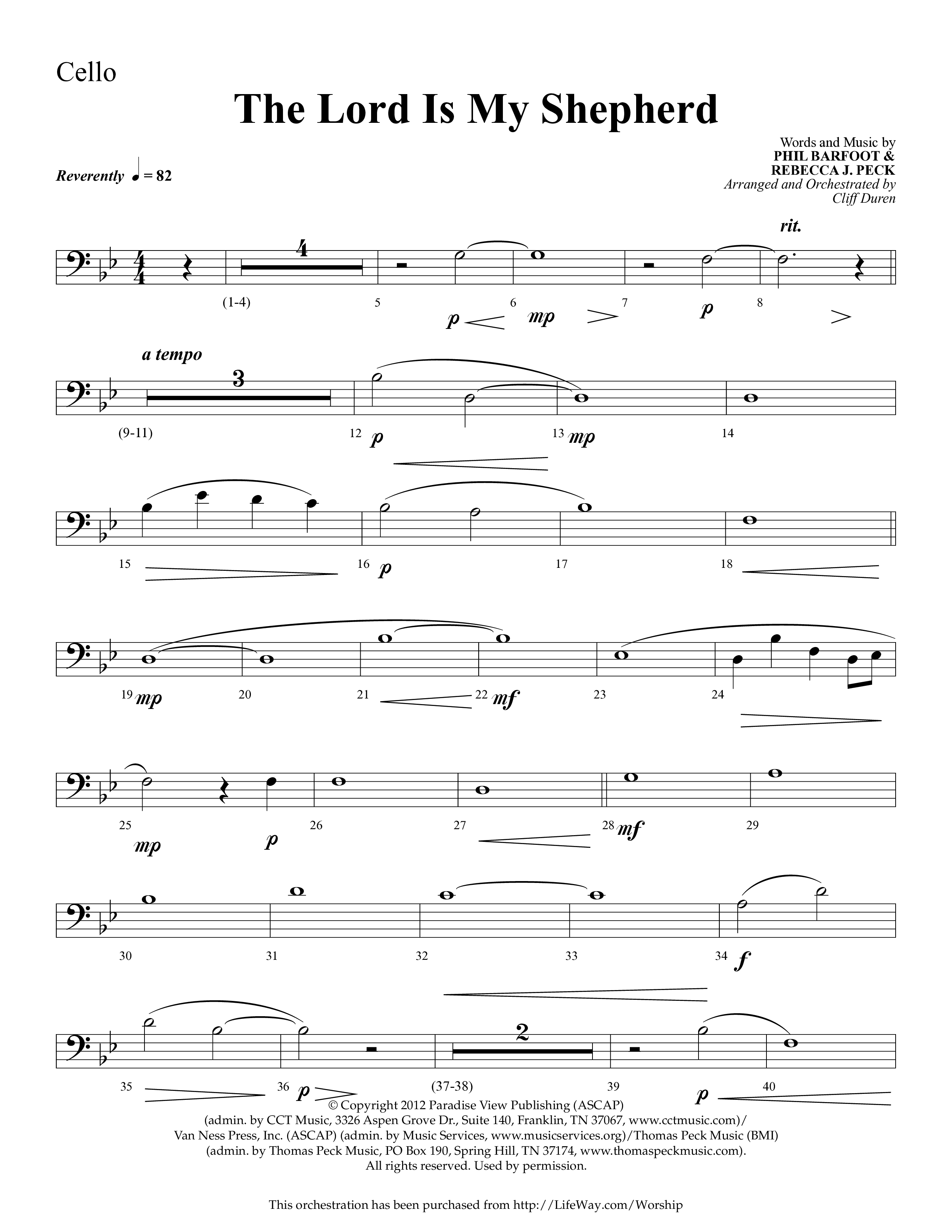 The Lord Is My Shepherd (Choral Anthem SATB) Cello (Lifeway Choral / Arr. Cliff Duren)