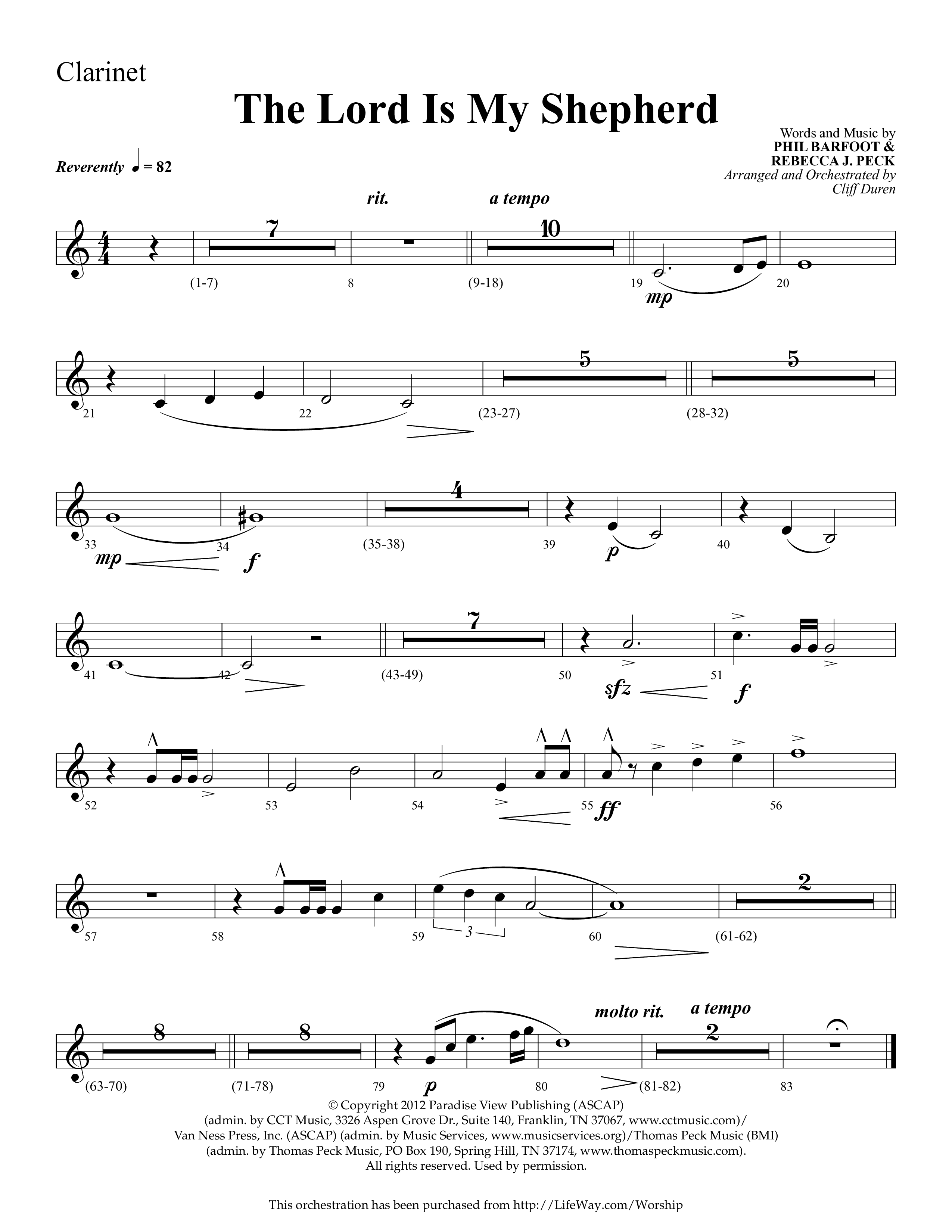 The Lord Is My Shepherd (Choral Anthem SATB) Clarinet 1/2 (Lifeway Choral / Arr. Cliff Duren)