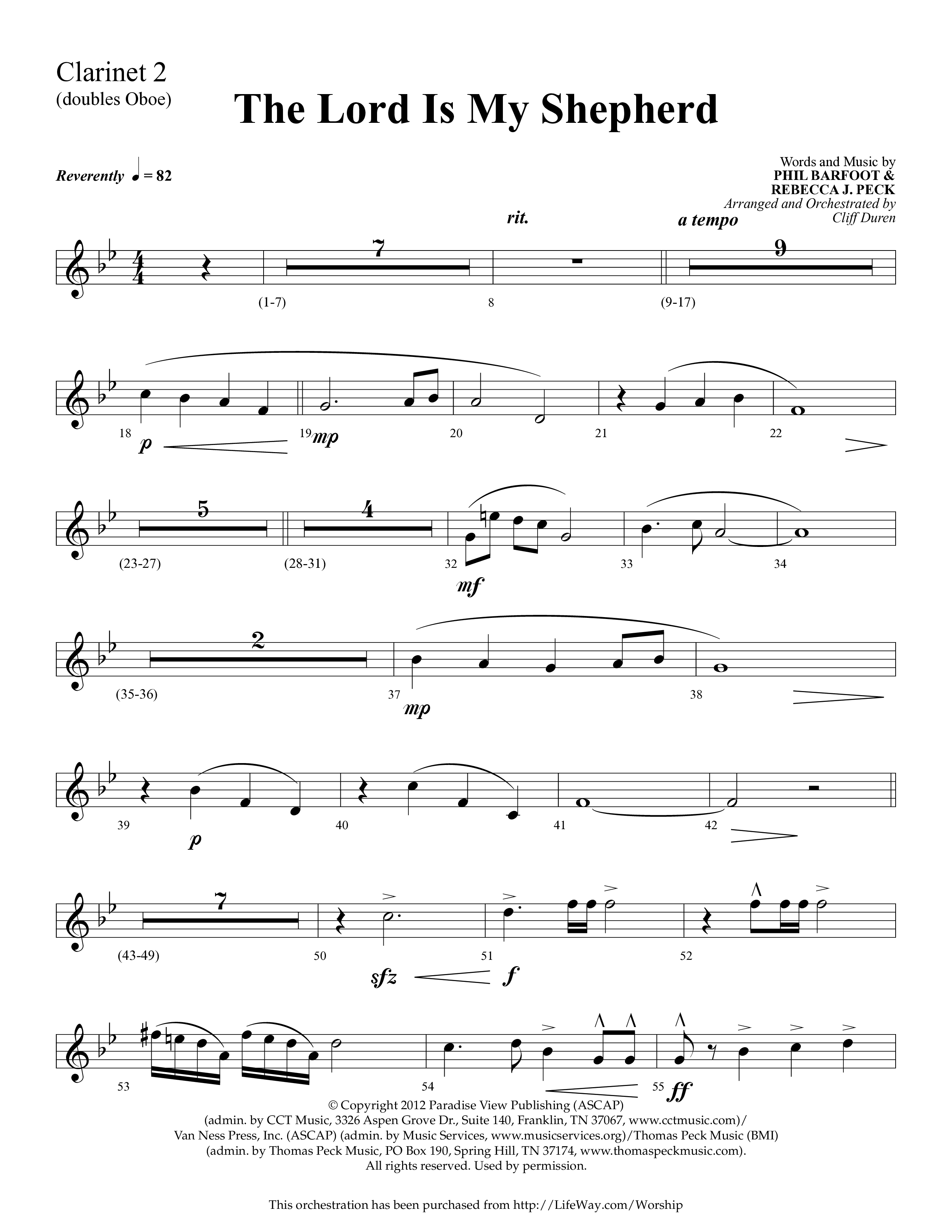 The Lord Is My Shepherd (Choral Anthem SATB) Clarinet 1/2 (Lifeway Choral / Arr. Cliff Duren)
