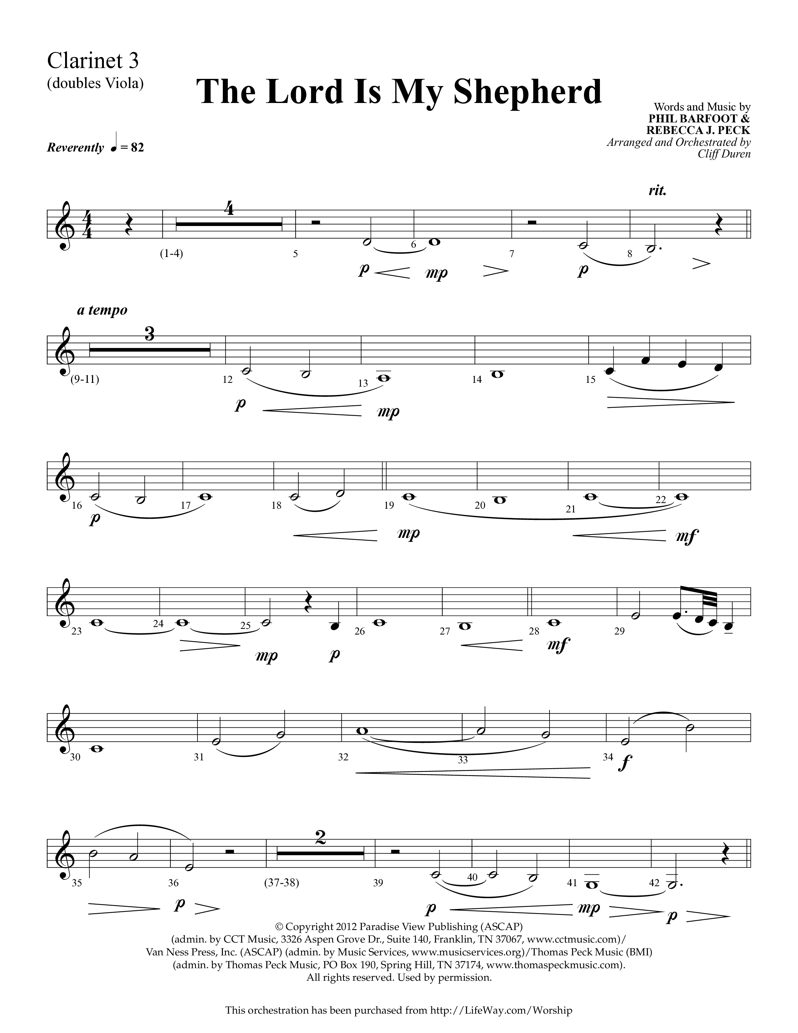 The Lord Is My Shepherd (Choral Anthem SATB) Clarinet 3 (Lifeway Choral / Arr. Cliff Duren)