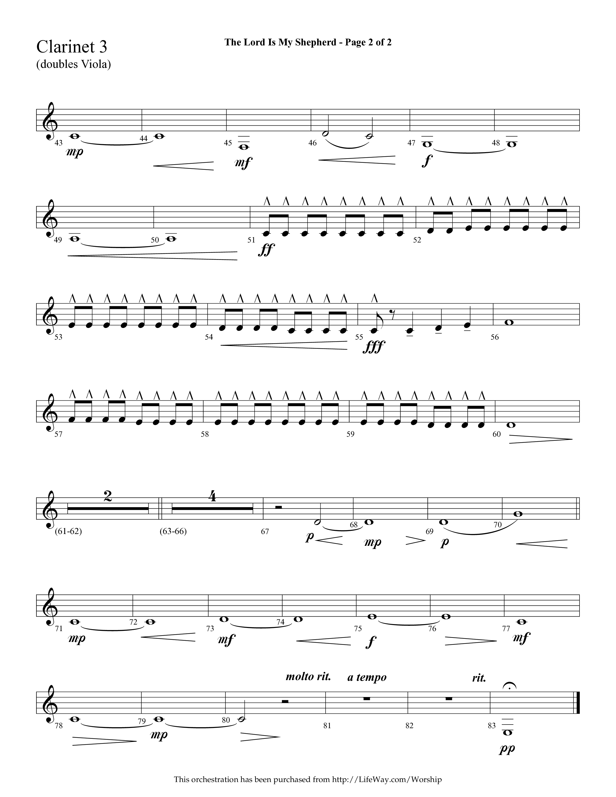 The Lord Is My Shepherd (Choral Anthem SATB) Clarinet 3 (Lifeway Choral / Arr. Cliff Duren)