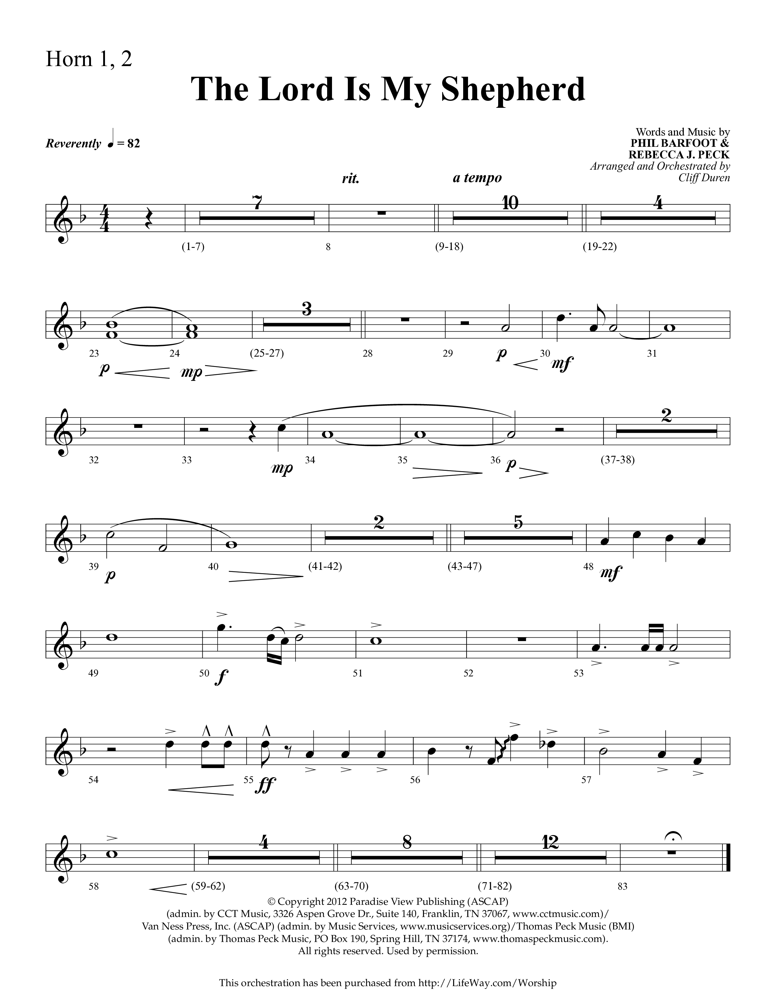 The Lord Is My Shepherd (Choral Anthem SATB) French Horn 1 (Lifeway Choral / Arr. Cliff Duren)