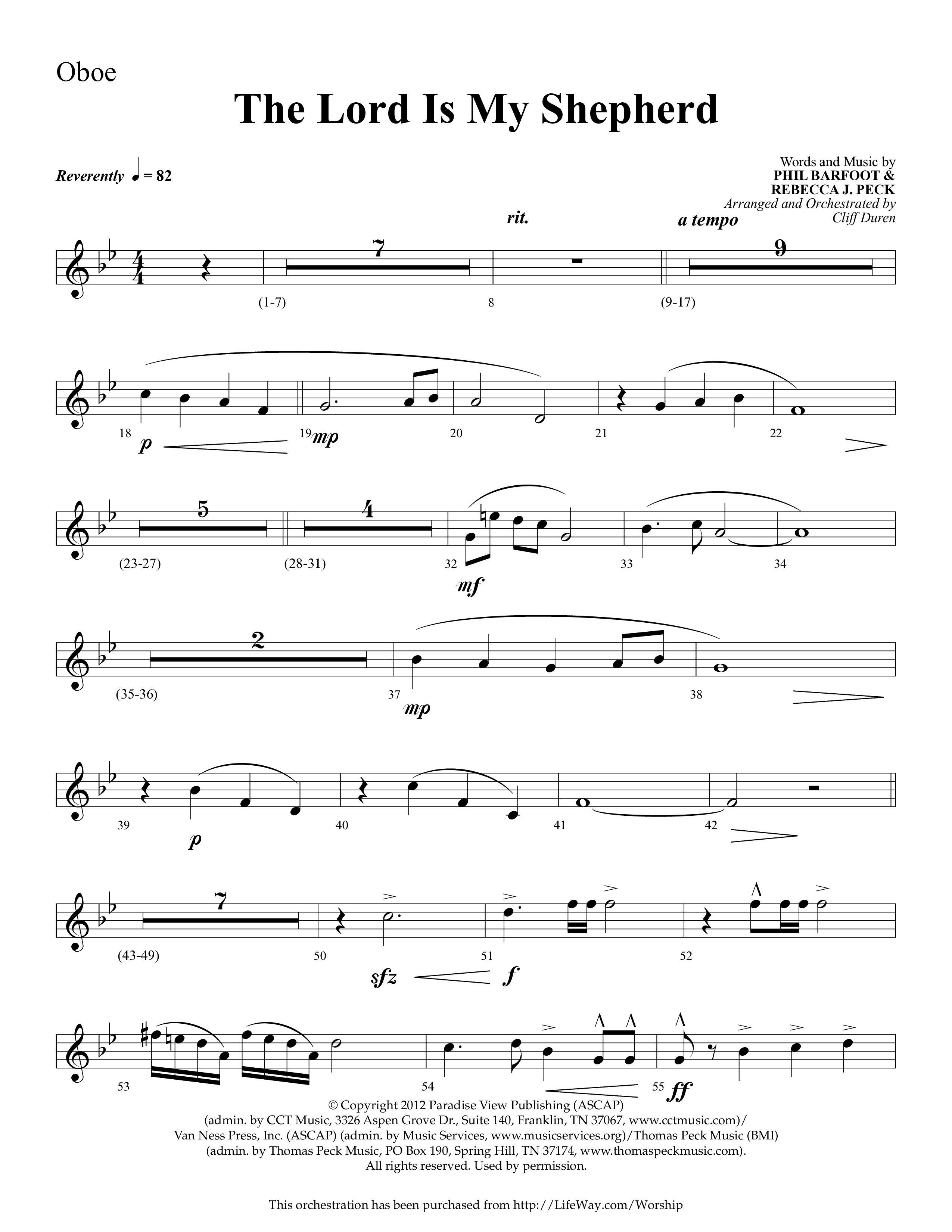 The Lord Is My Shepherd (Choral Anthem SATB) Oboe (Lifeway Choral / Arr. Cliff Duren)