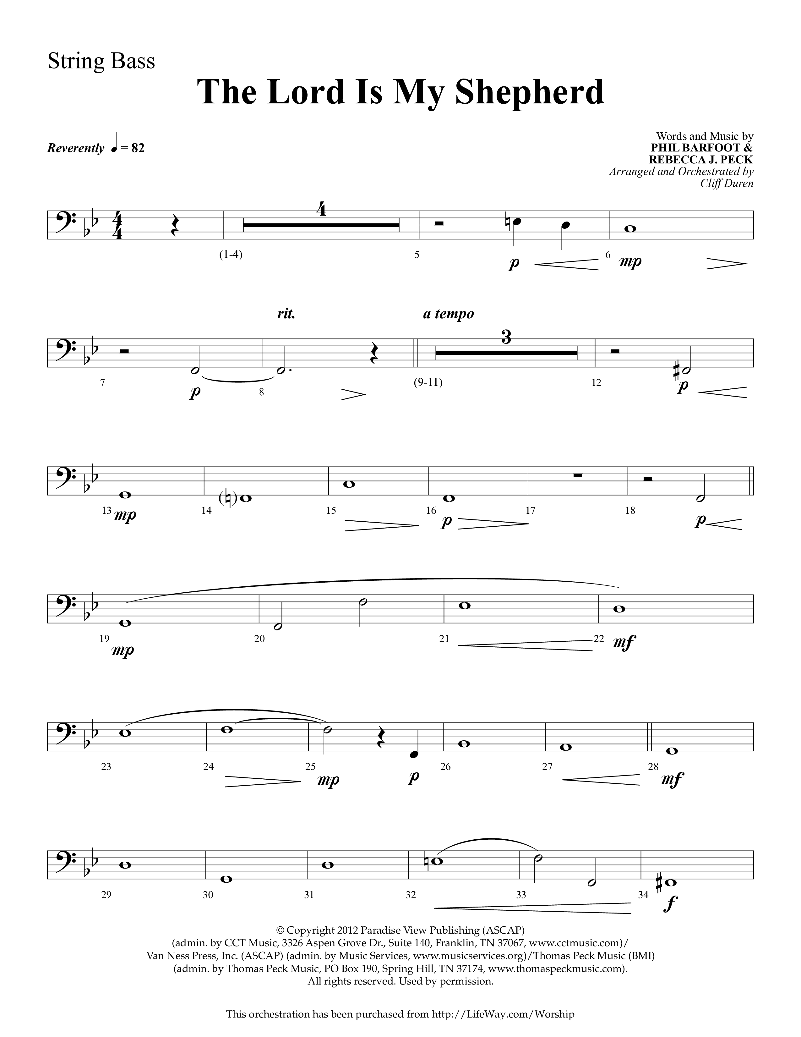 The Lord Is My Shepherd (Choral Anthem SATB) String Bass (Lifeway Choral / Arr. Cliff Duren)