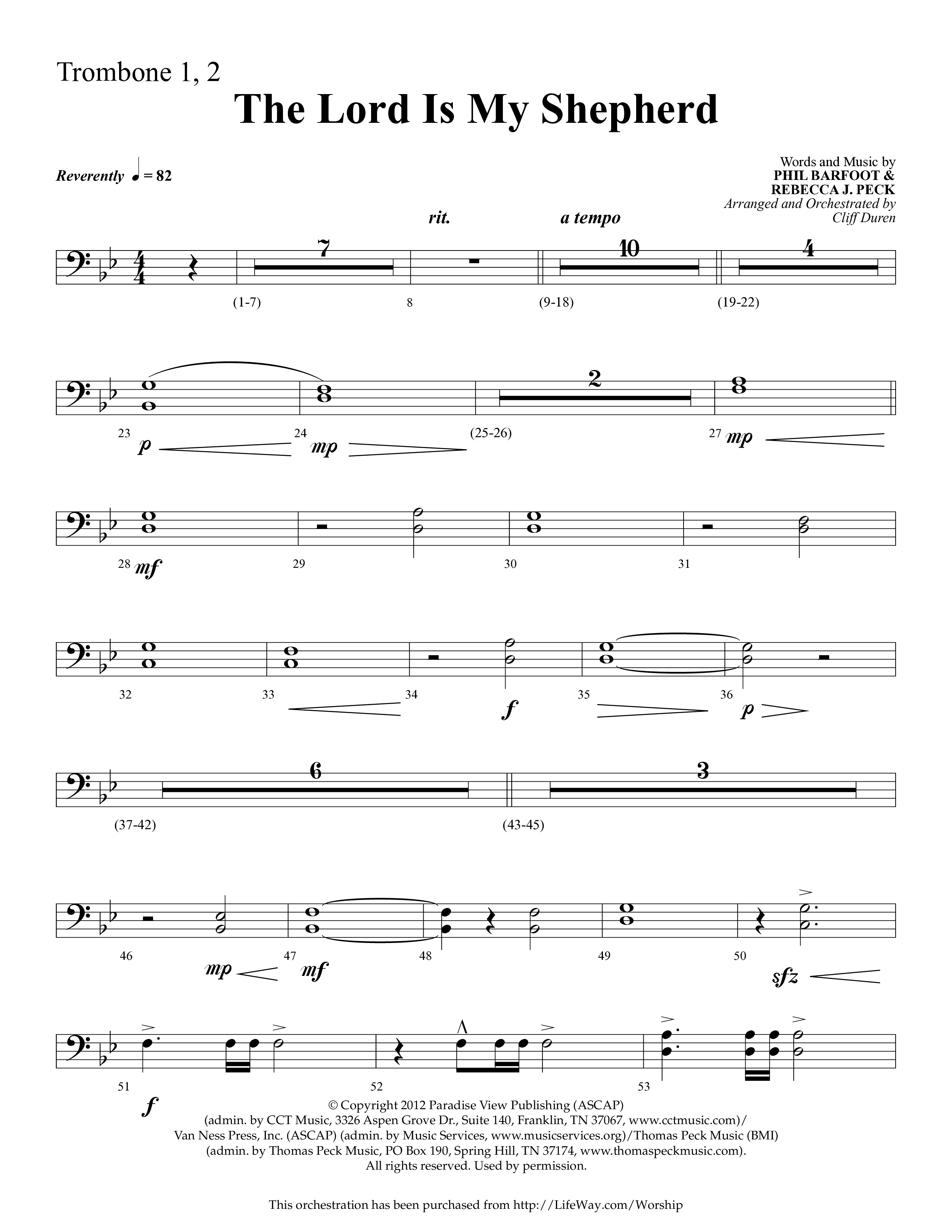 The Lord Is My Shepherd (Choral Anthem SATB) Trombone 1/2 (Lifeway Choral / Arr. Cliff Duren)