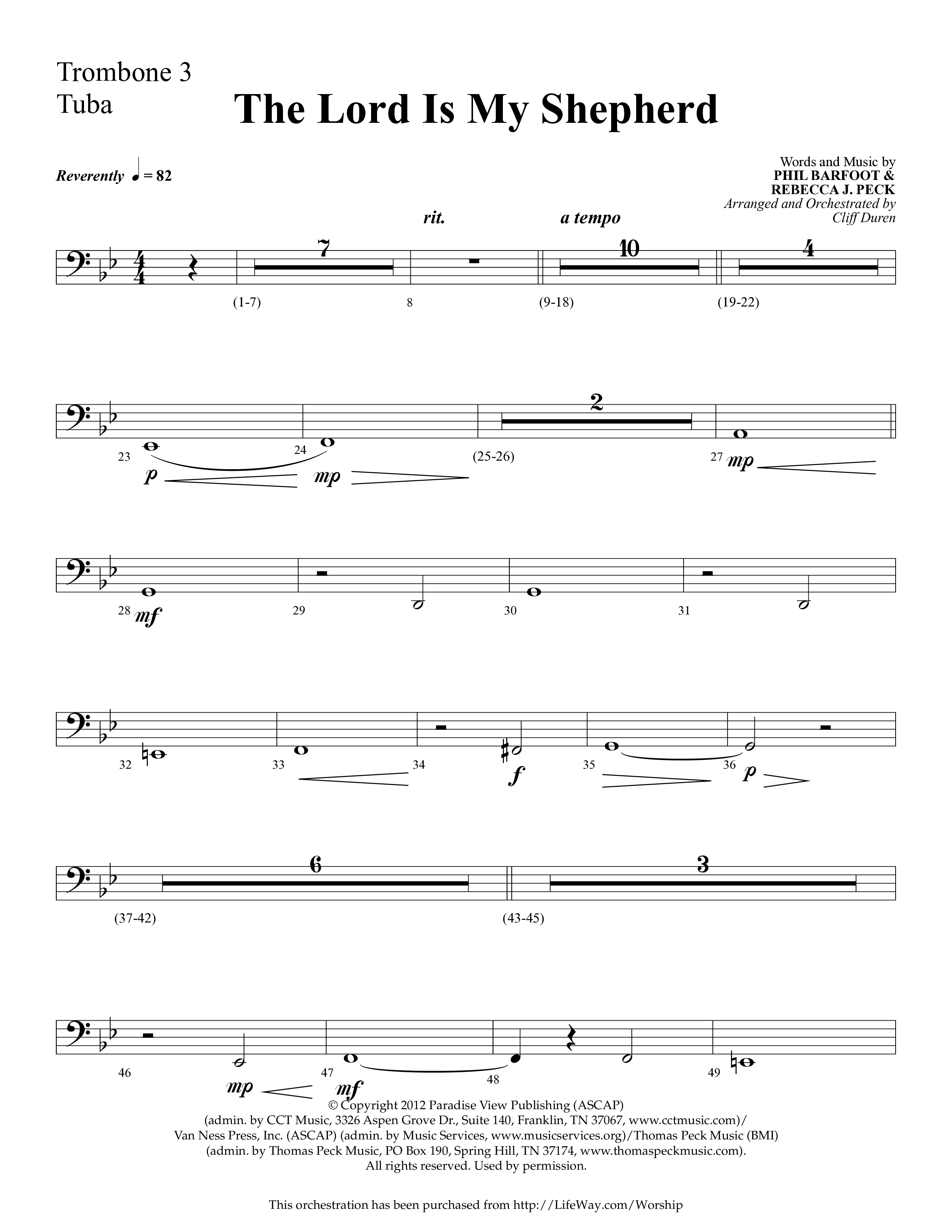 The Lord Is My Shepherd (Choral Anthem SATB) Trombone 3/Tuba (Lifeway Choral / Arr. Cliff Duren)