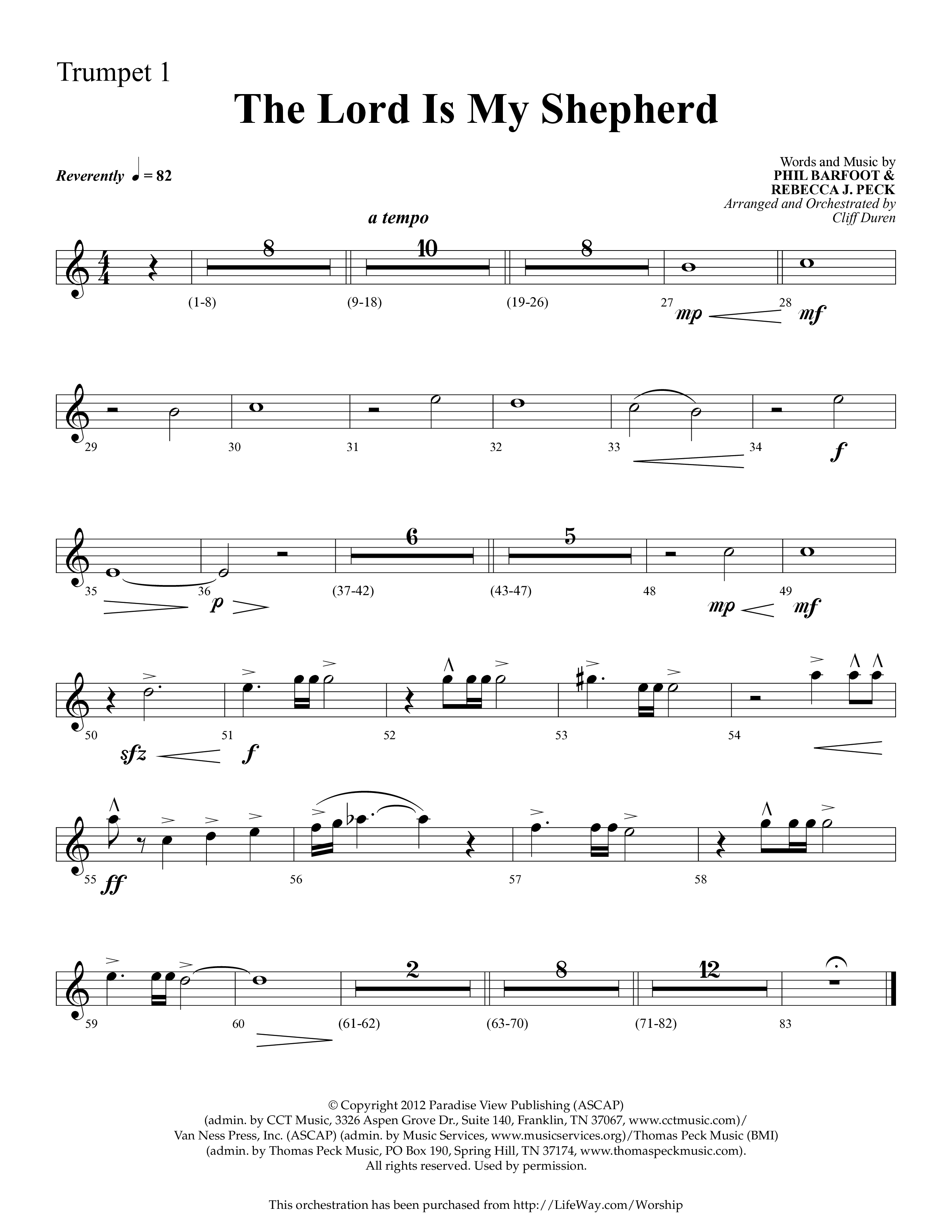 The Lord Is My Shepherd (Choral Anthem SATB) Trumpet 1 (Lifeway Choral / Arr. Cliff Duren)