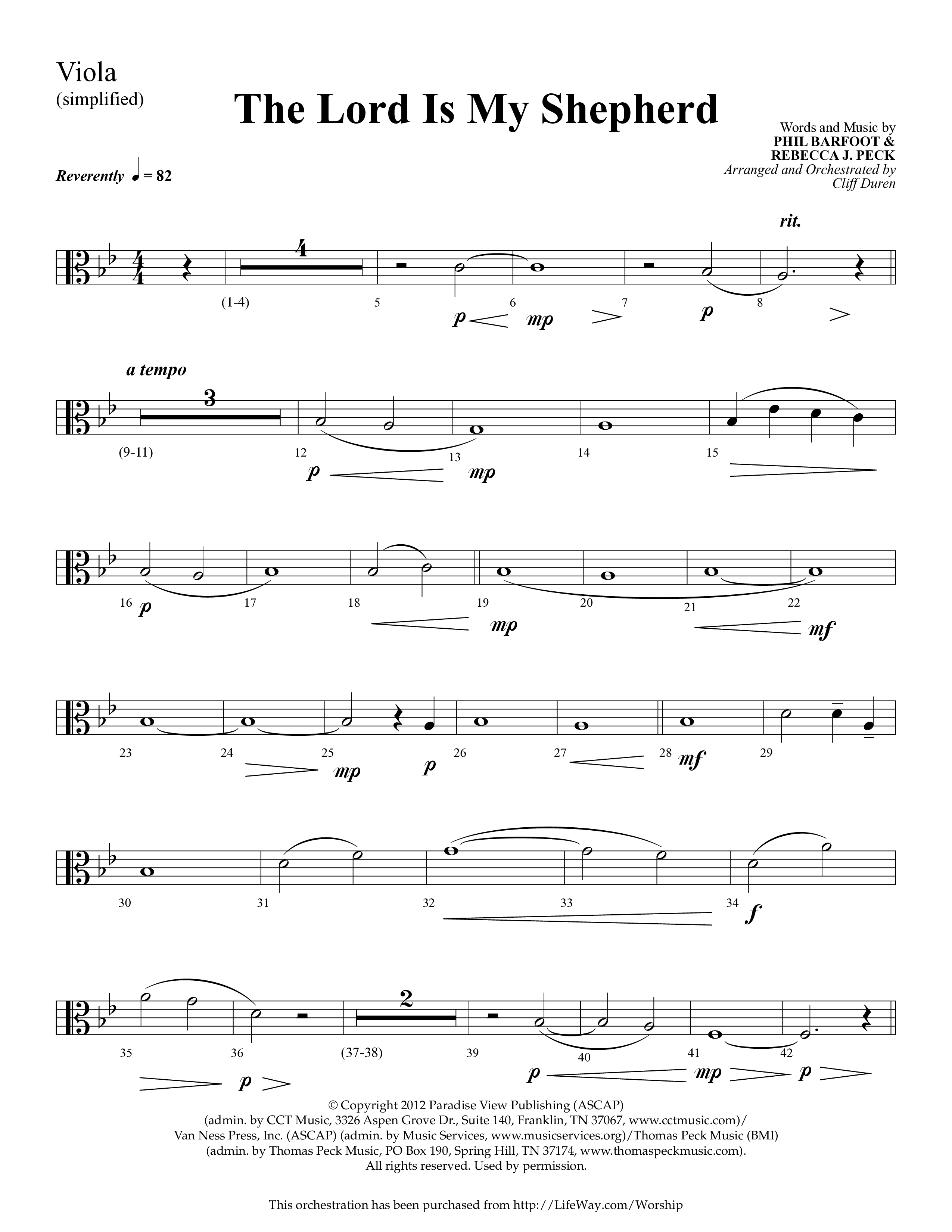 The Lord Is My Shepherd (Choral Anthem SATB) Viola (Lifeway Choral / Arr. Cliff Duren)