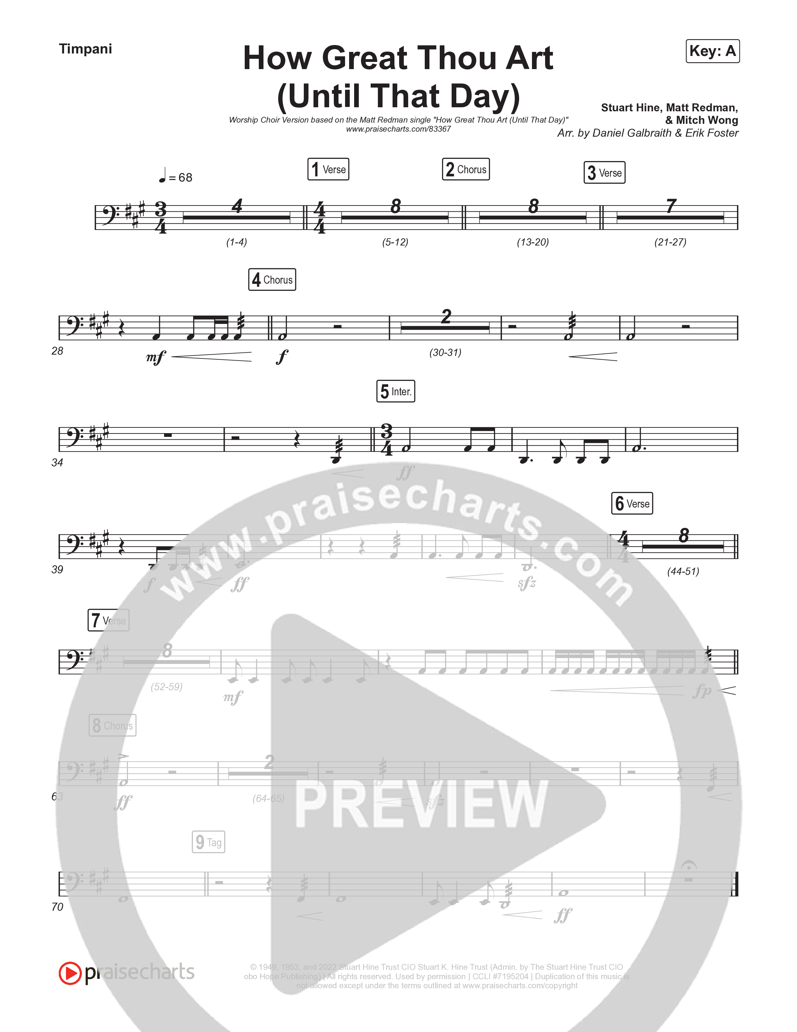 How Great Thou Art (Until That Day) (Worship Choir/SAB) Timpani (Matt Redman / Chris Tomlin / Hillary Scott / Cody Carnes / Kari Jobe / Naomi Raine / TAYA / Blessing Offor / Brian Johnson / Jenn Johnson / Matt Maher / Mitch Wong / Benjamin William Hastings / Pat Barrett / Jon Reddick / Ryan Ellis / Arr. Erik Foster)
