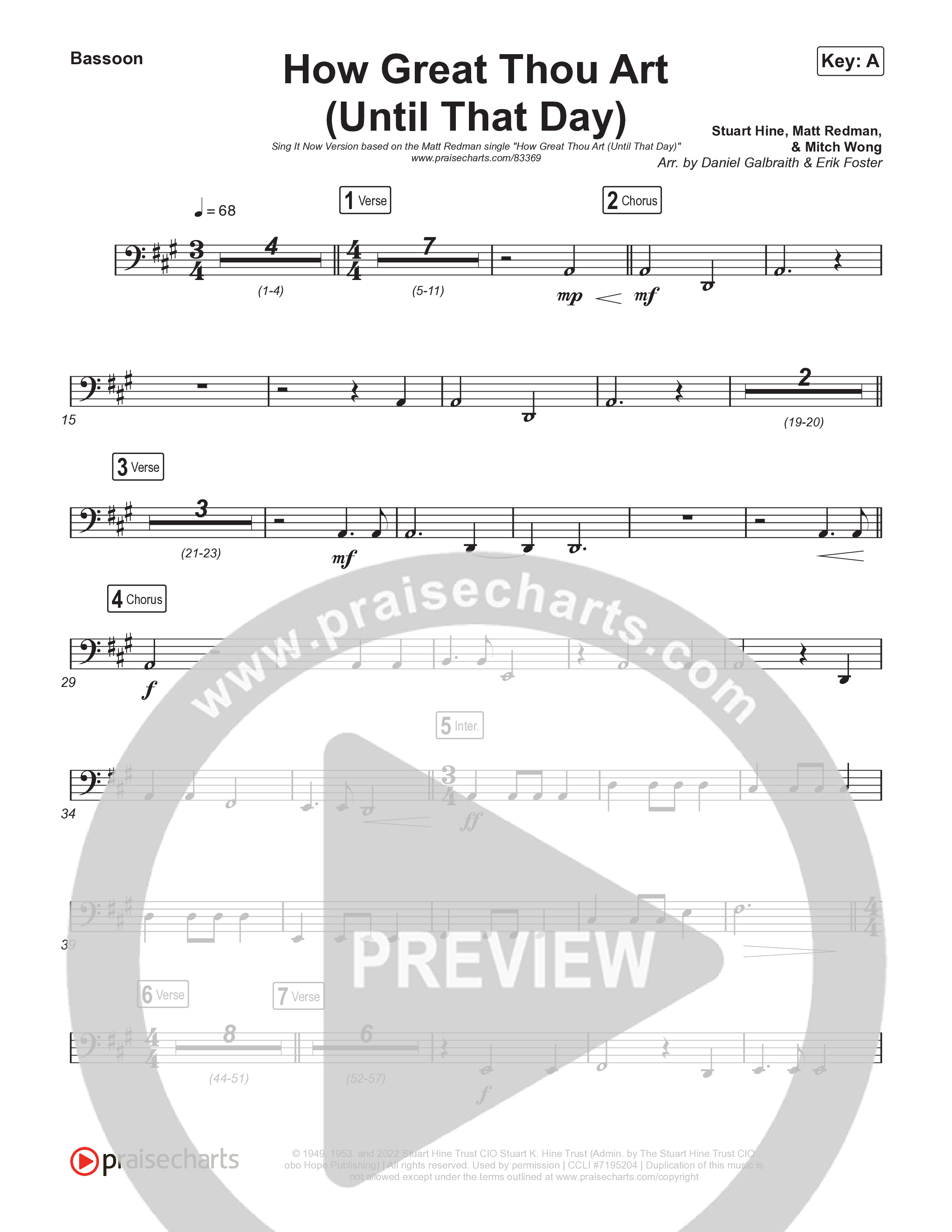 How Great Thou Art (Until That Day) (Sing It Now) Bassoon (Matt Redman / Chris Tomlin / Hillary Scott / Cody Carnes / Kari Jobe / Naomi Raine / TAYA / Blessing Offor / Brian Johnson / Jenn Johnson / Matt Maher / Mitch Wong / Benjamin William Hastings / Pat Barrett / Jon Reddick / Ryan Ellis / Arr. Erik Foster)