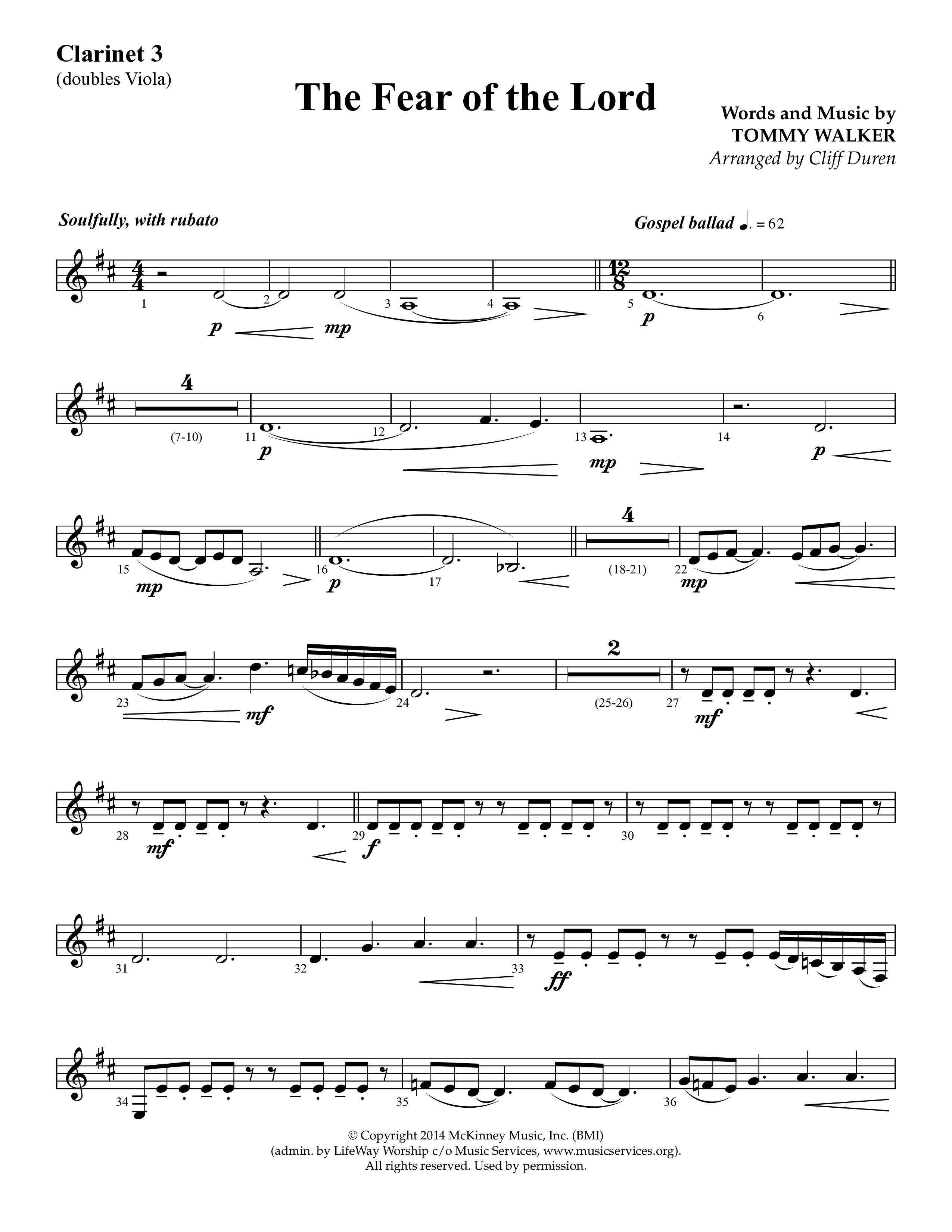 The Fear Of The Lord (Choral Anthem SATB) Clarinet 3 (Lifeway Choral / Arr. Cliff Duren)