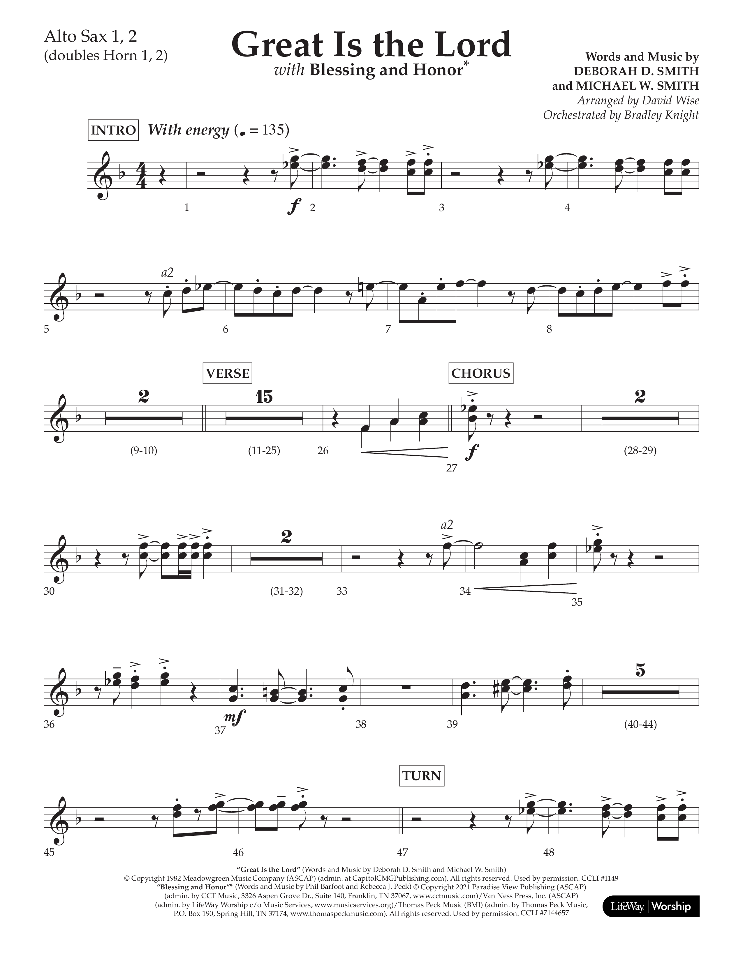 Great Is The Lord (with Blessing And Honor) (Choral Anthem SATB) Alto Sax 1/2 (Lifeway Choral / Arr. David Wise / Orch. Bradley Knight)