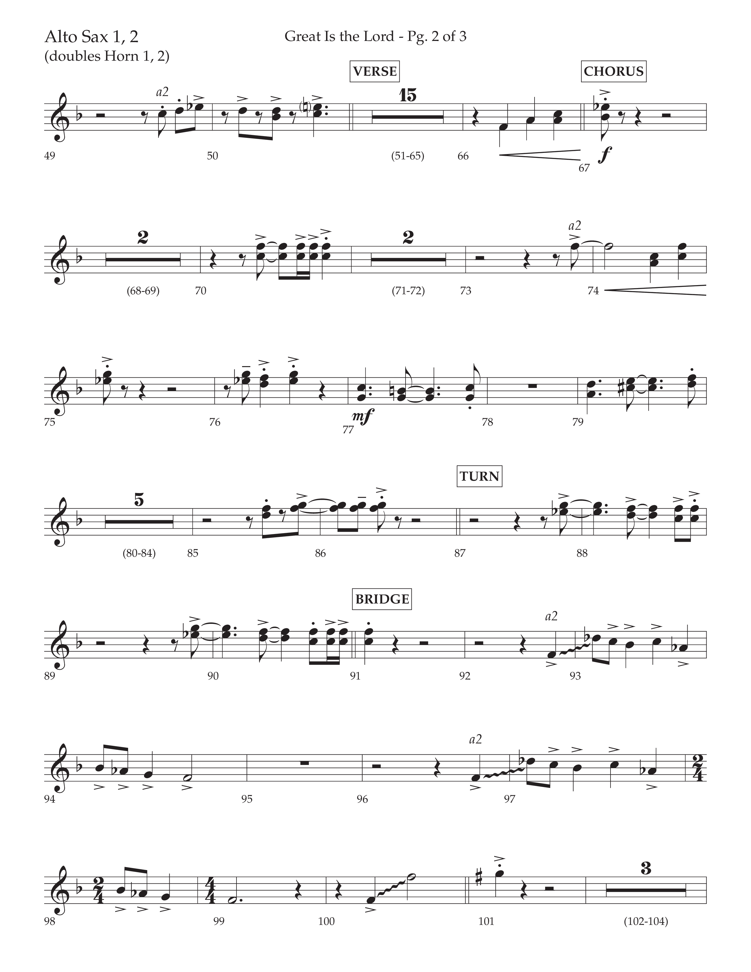 Great Is The Lord (with Blessing And Honor) (Choral Anthem SATB) Alto Sax 1/2 (Lifeway Choral / Arr. David Wise / Orch. Bradley Knight)