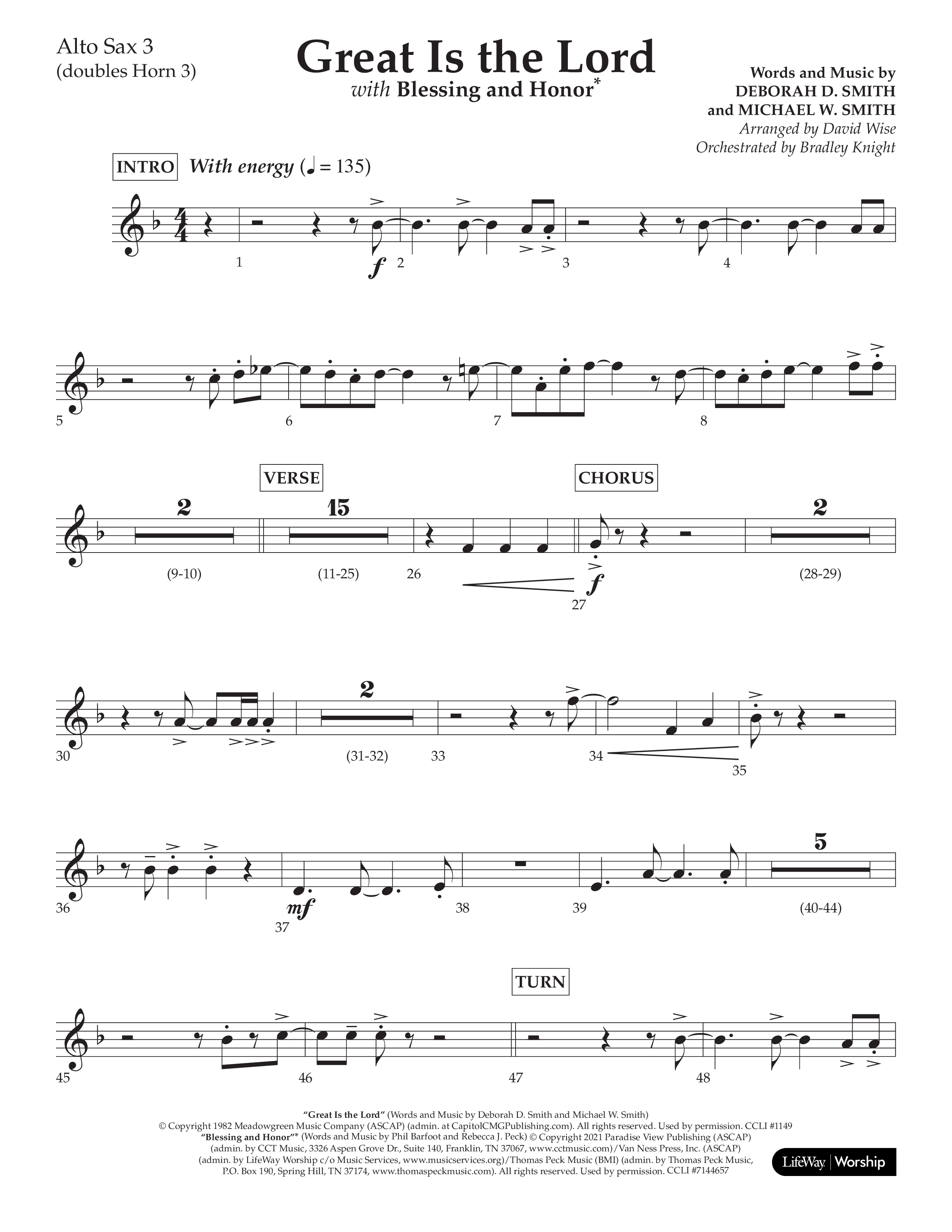 Great Is The Lord (with Blessing And Honor) (Choral Anthem SATB) Alto Sax (Lifeway Choral / Arr. David Wise / Orch. Bradley Knight)