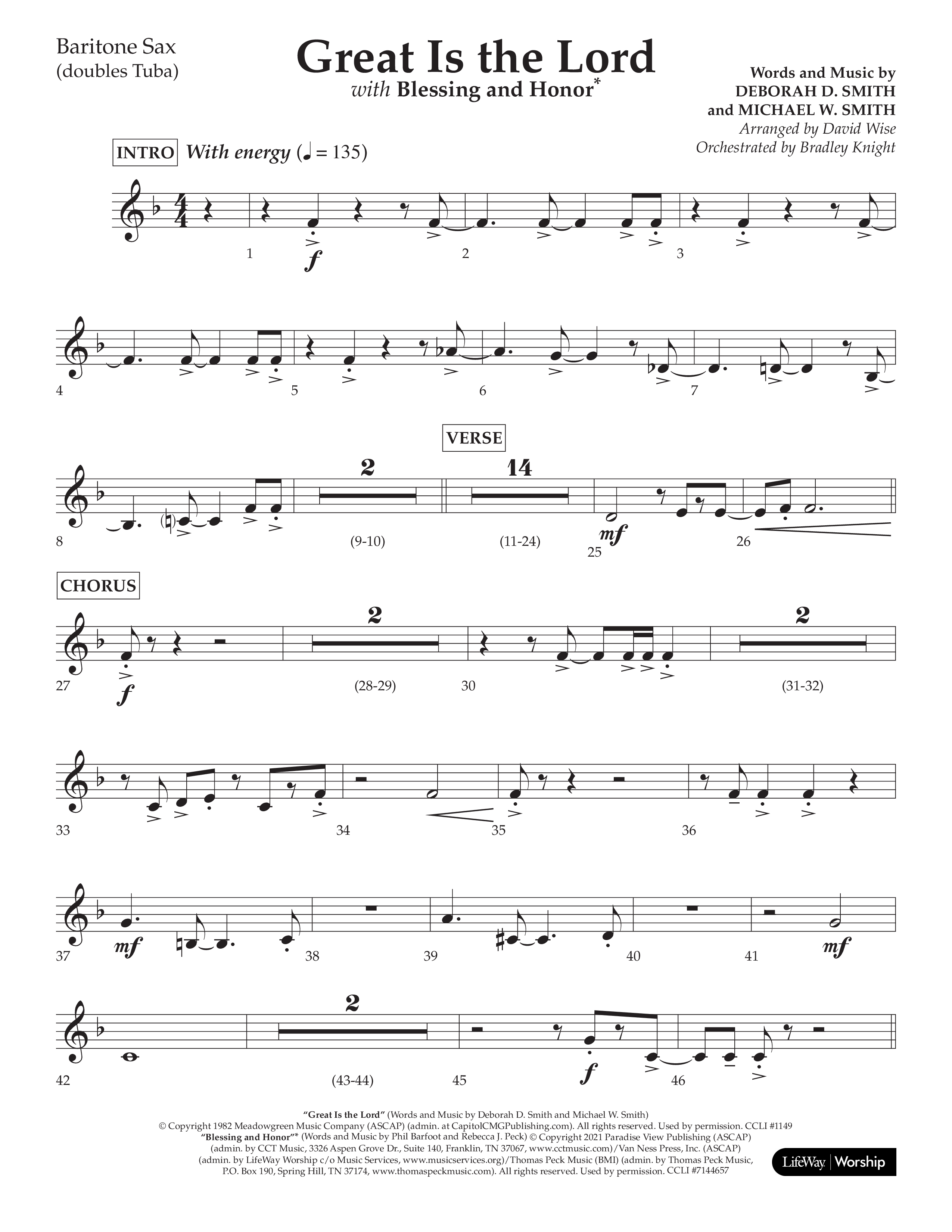 Great Is The Lord (with Blessing And Honor) (Choral Anthem SATB) Bari Sax (Lifeway Choral / Arr. David Wise / Orch. Bradley Knight)