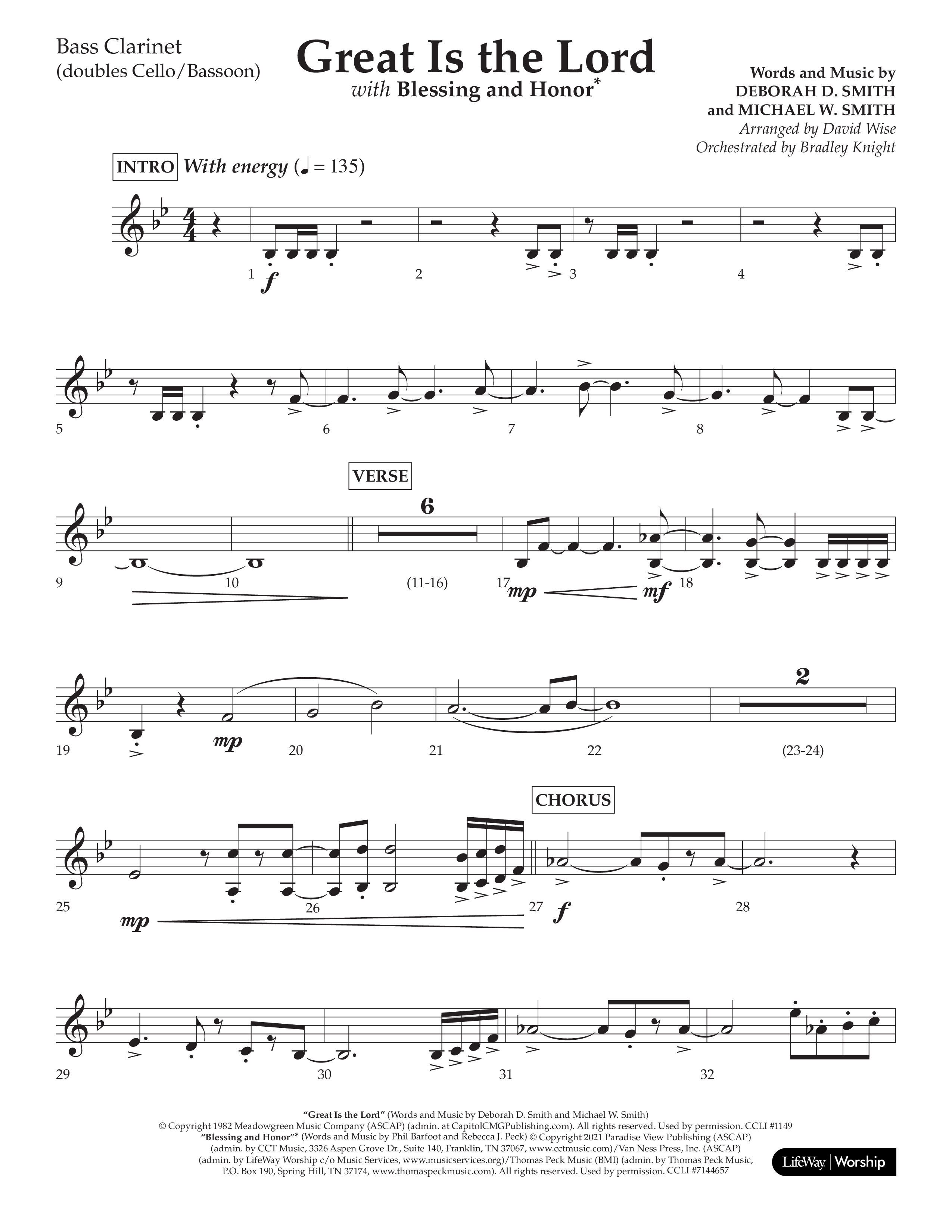Great Is The Lord (with Blessing And Honor) (Choral Anthem SATB) Bass Clarinet (Lifeway Choral / Arr. David Wise / Orch. Bradley Knight)