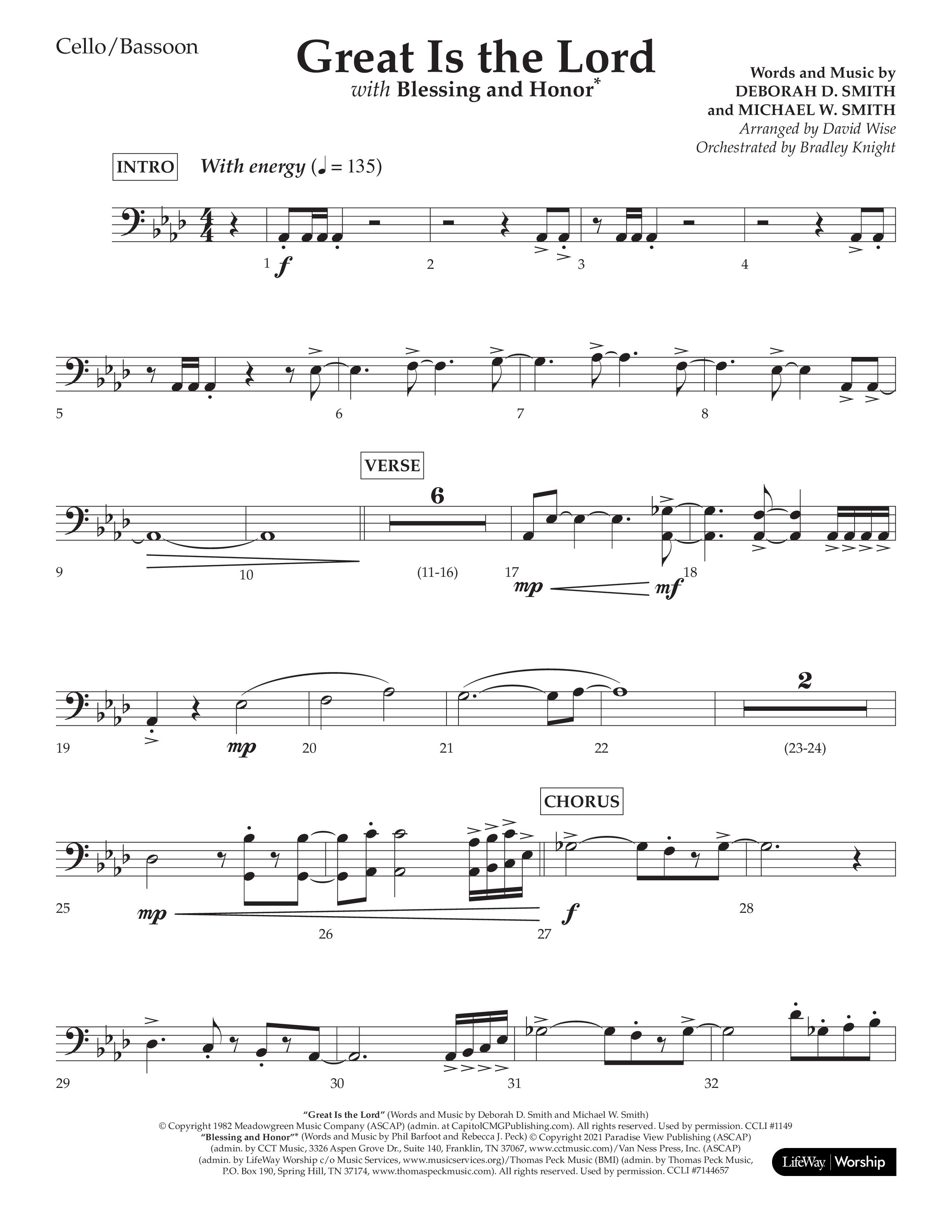 Great Is The Lord (with Blessing And Honor) (Choral Anthem SATB) Cello (Lifeway Choral / Arr. David Wise / Orch. Bradley Knight)