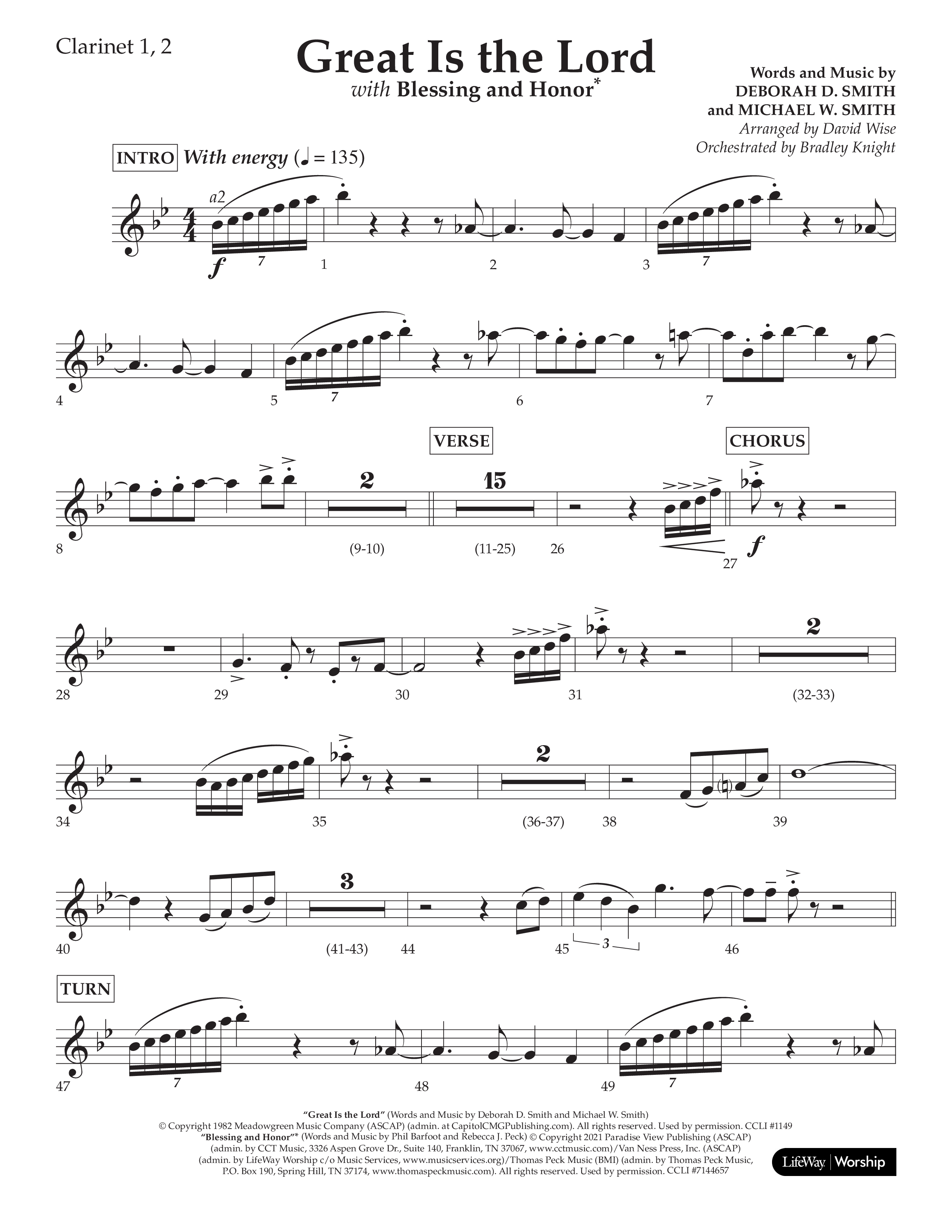 Great Is The Lord (with Blessing And Honor) (Choral Anthem SATB) Clarinet 1/2 (Lifeway Choral / Arr. David Wise / Orch. Bradley Knight)
