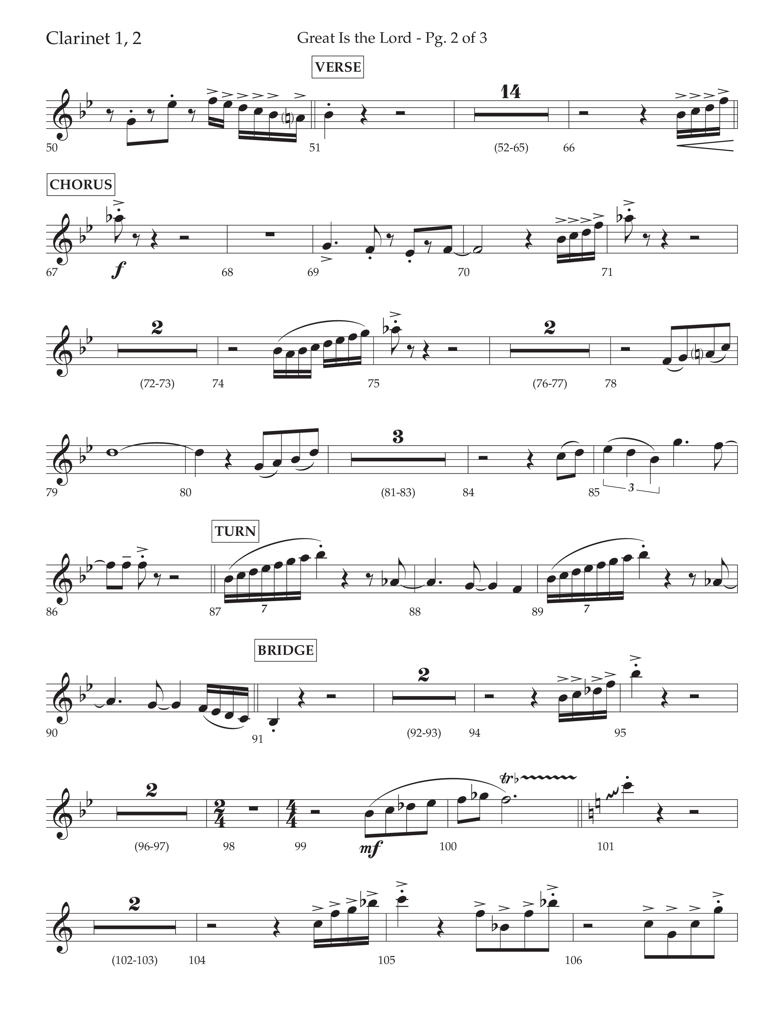 Great Is The Lord (with Blessing And Honor) (Choral Anthem SATB) Clarinet 1/2 (Lifeway Choral / Arr. David Wise / Orch. Bradley Knight)