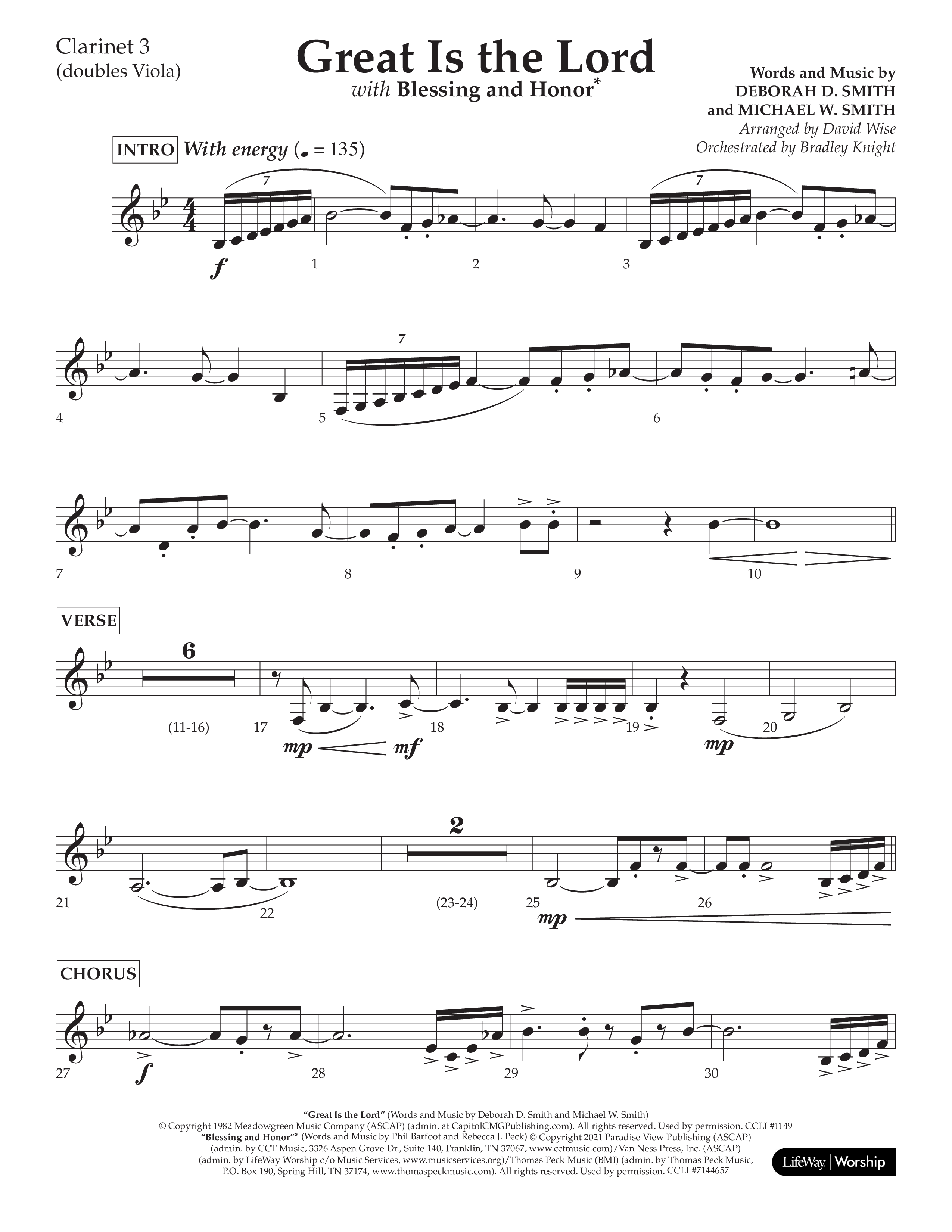 Great Is The Lord (with Blessing And Honor) (Choral Anthem SATB) Clarinet 3 (Lifeway Choral / Arr. David Wise / Orch. Bradley Knight)
