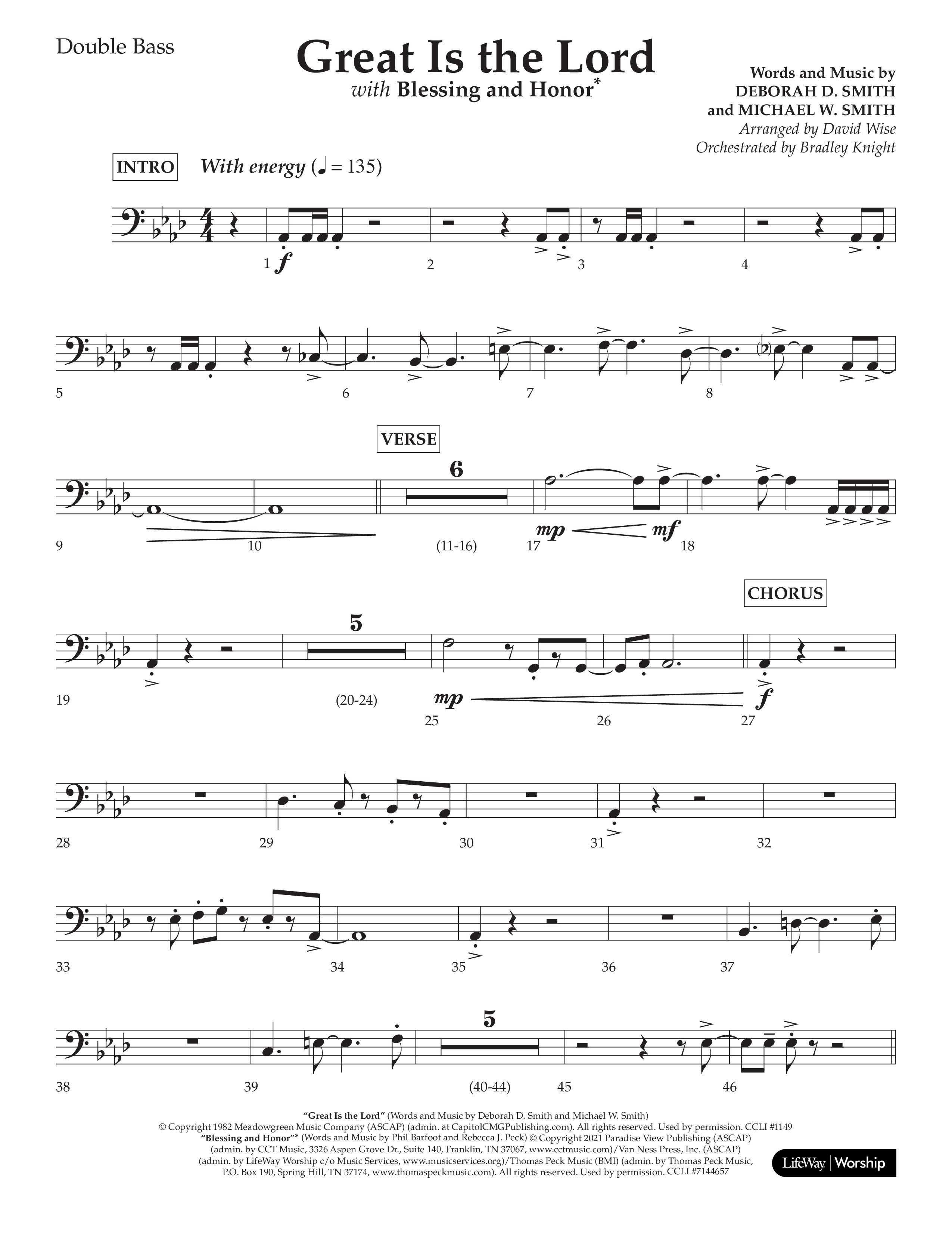 Great Is The Lord (with Blessing And Honor) (Choral Anthem SATB) Double Bass (Lifeway Choral / Arr. David Wise / Orch. Bradley Knight)