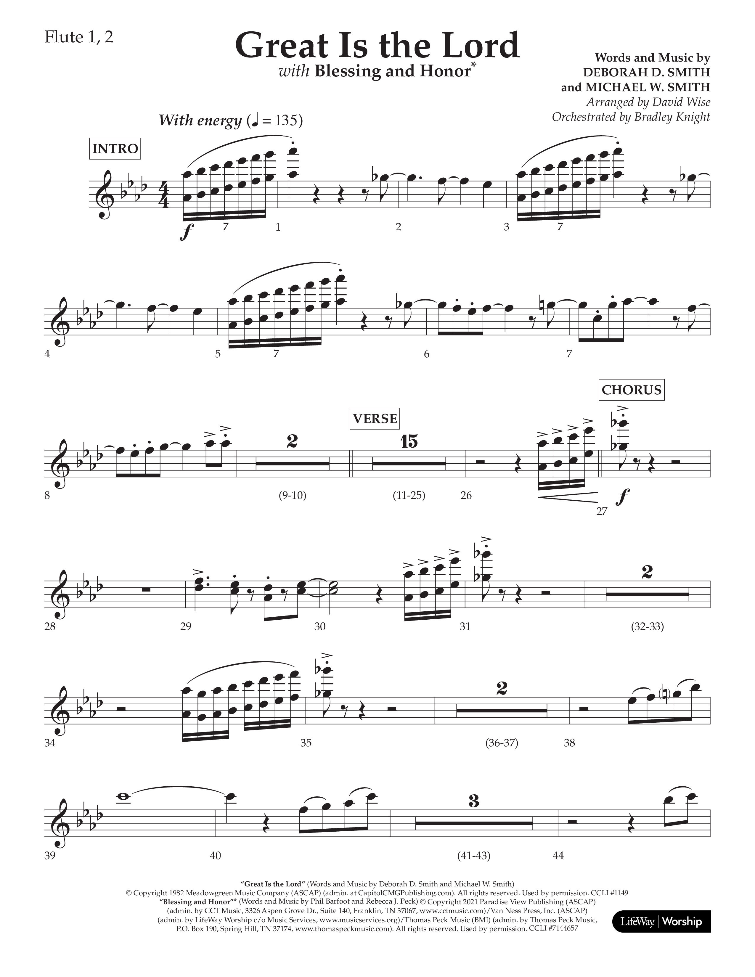Great Is The Lord (with Blessing And Honor) (Choral Anthem SATB) Flute 1/2 (Lifeway Choral / Arr. David Wise / Orch. Bradley Knight)