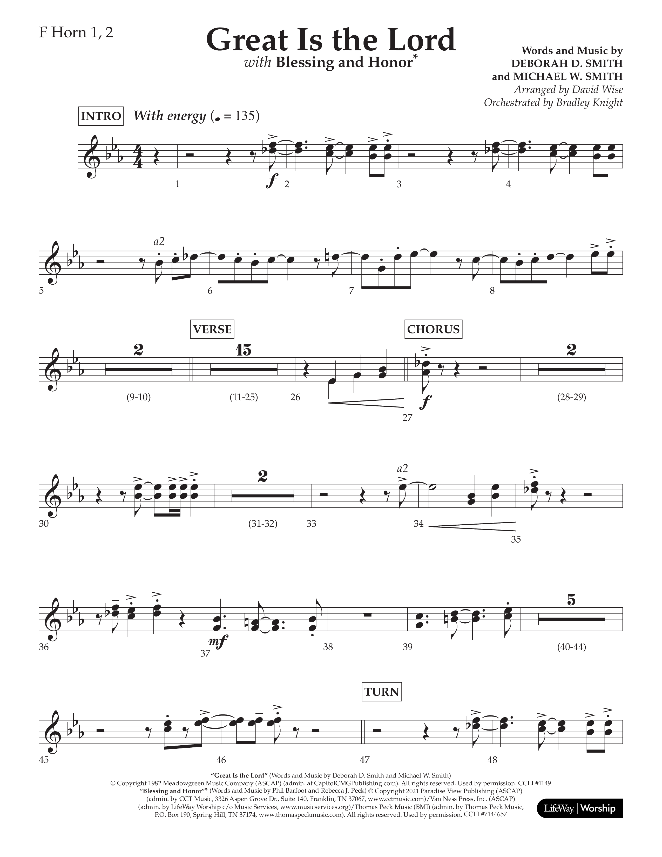 Great Is The Lord (with Blessing And Honor) (Choral Anthem SATB) French Horn 1/2 (Lifeway Choral / Arr. David Wise / Orch. Bradley Knight)