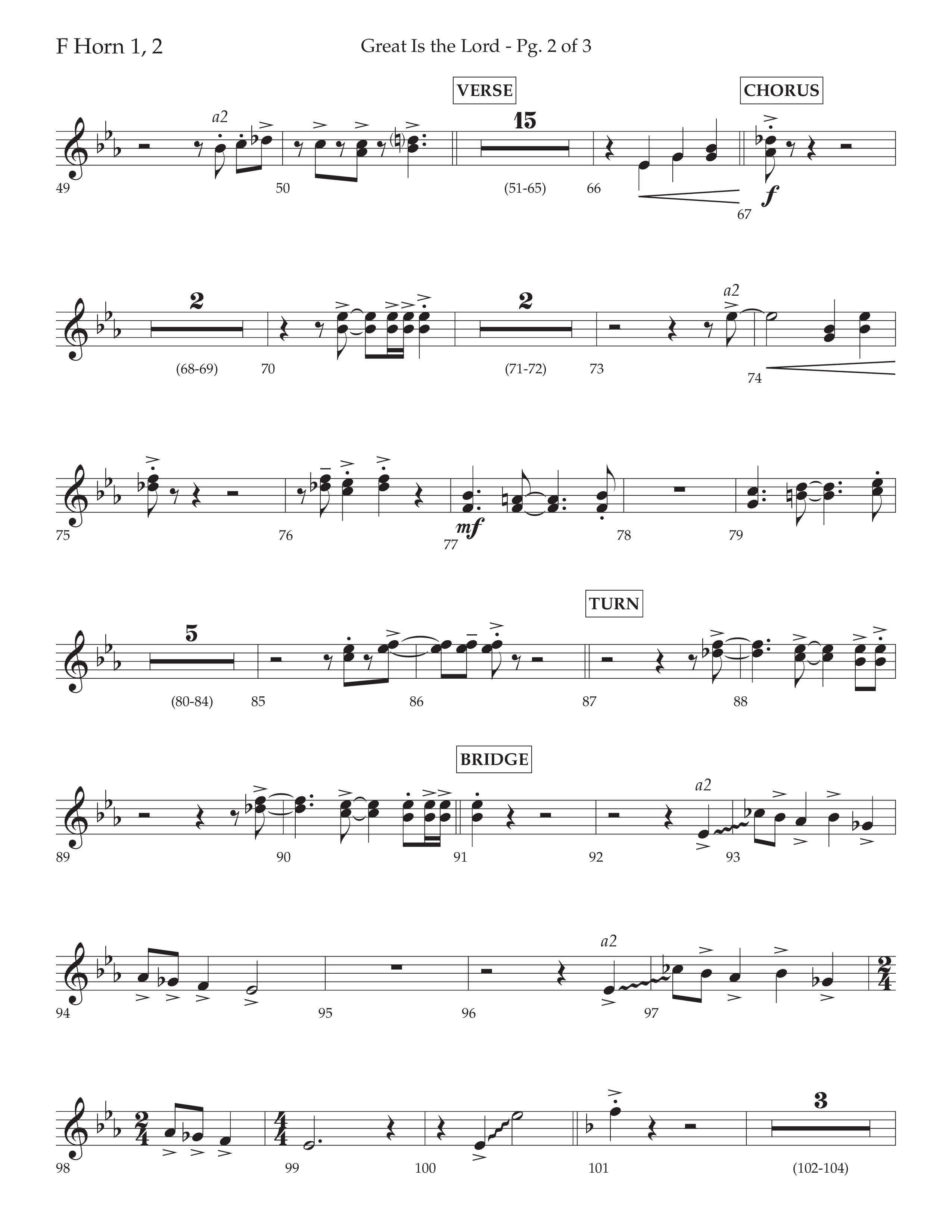 Great Is The Lord (with Blessing And Honor) (Choral Anthem SATB) French Horn 1/2 (Lifeway Choral / Arr. David Wise / Orch. Bradley Knight)