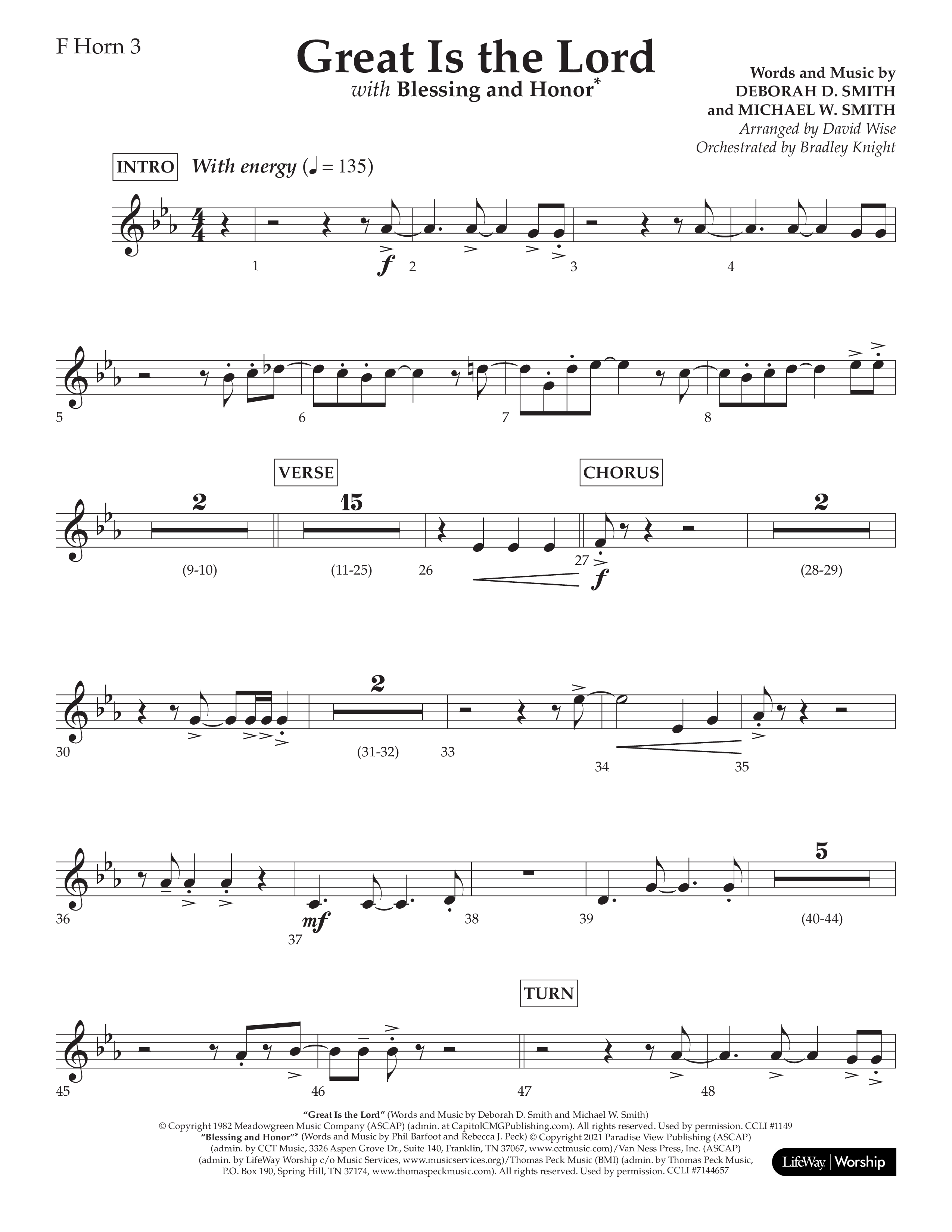 Great Is The Lord (with Blessing And Honor) (Choral Anthem SATB) French Horn 3 (Lifeway Choral / Arr. David Wise / Orch. Bradley Knight)