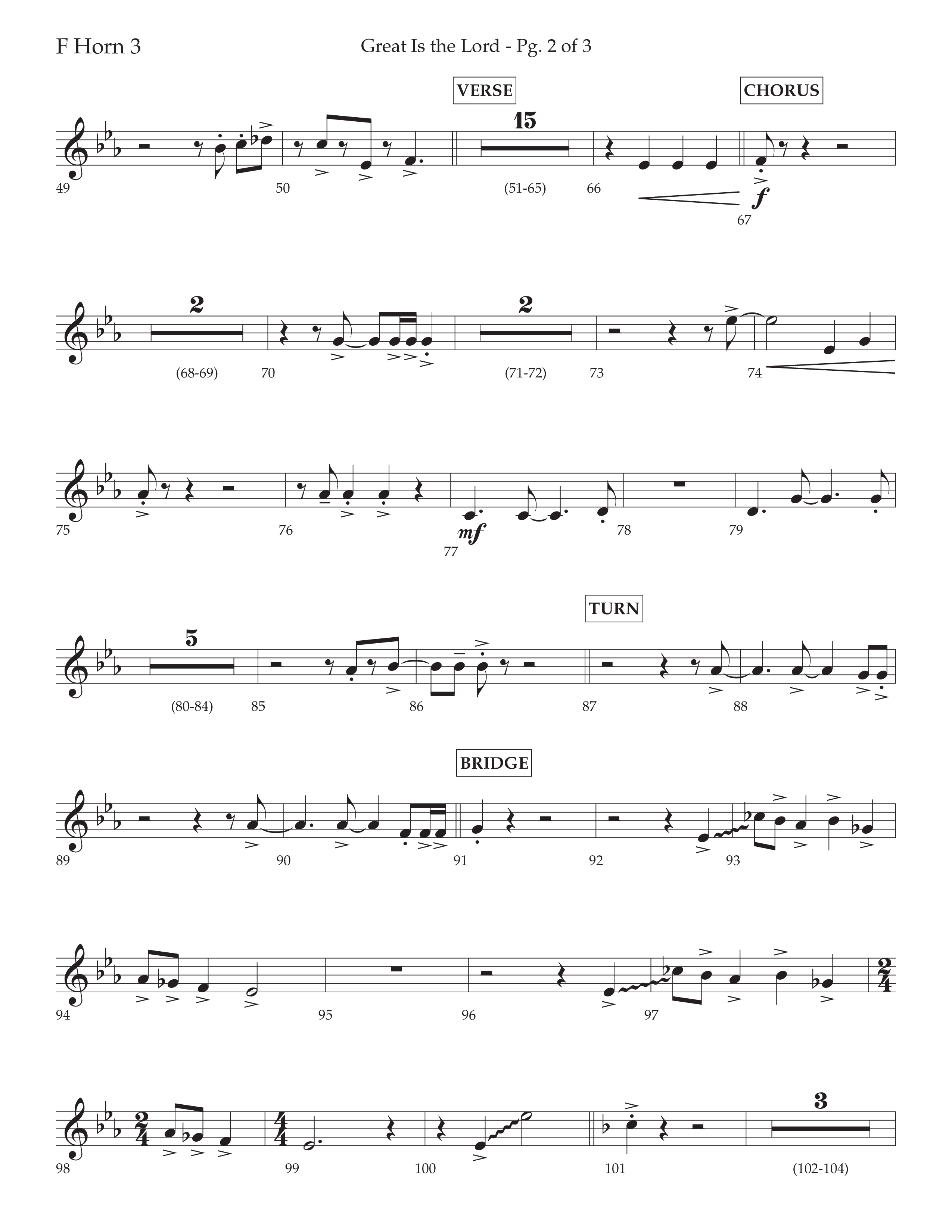 Great Is The Lord (with Blessing And Honor) (Choral Anthem SATB) French Horn 3 (Lifeway Choral / Arr. David Wise / Orch. Bradley Knight)